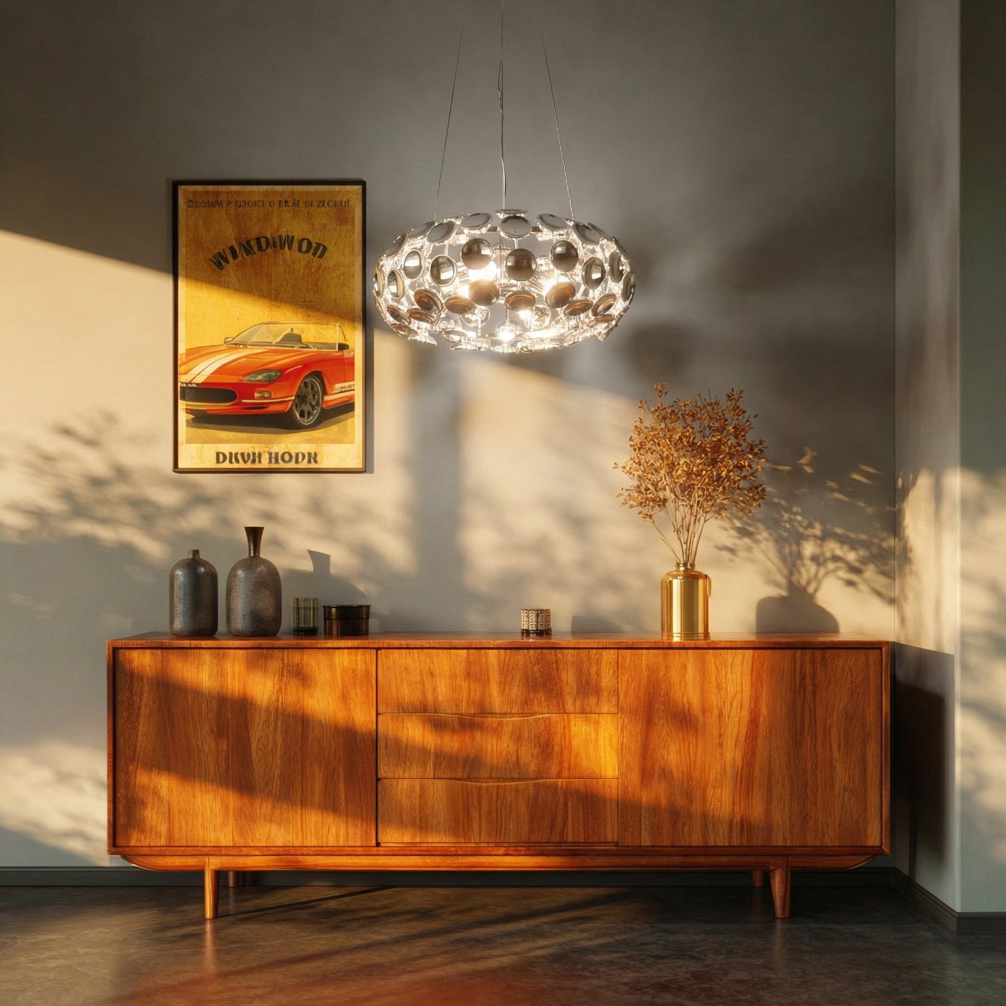 Ein hölzerner Sideboard mit Dekorationen und einem Kunstwerk eines Autos.