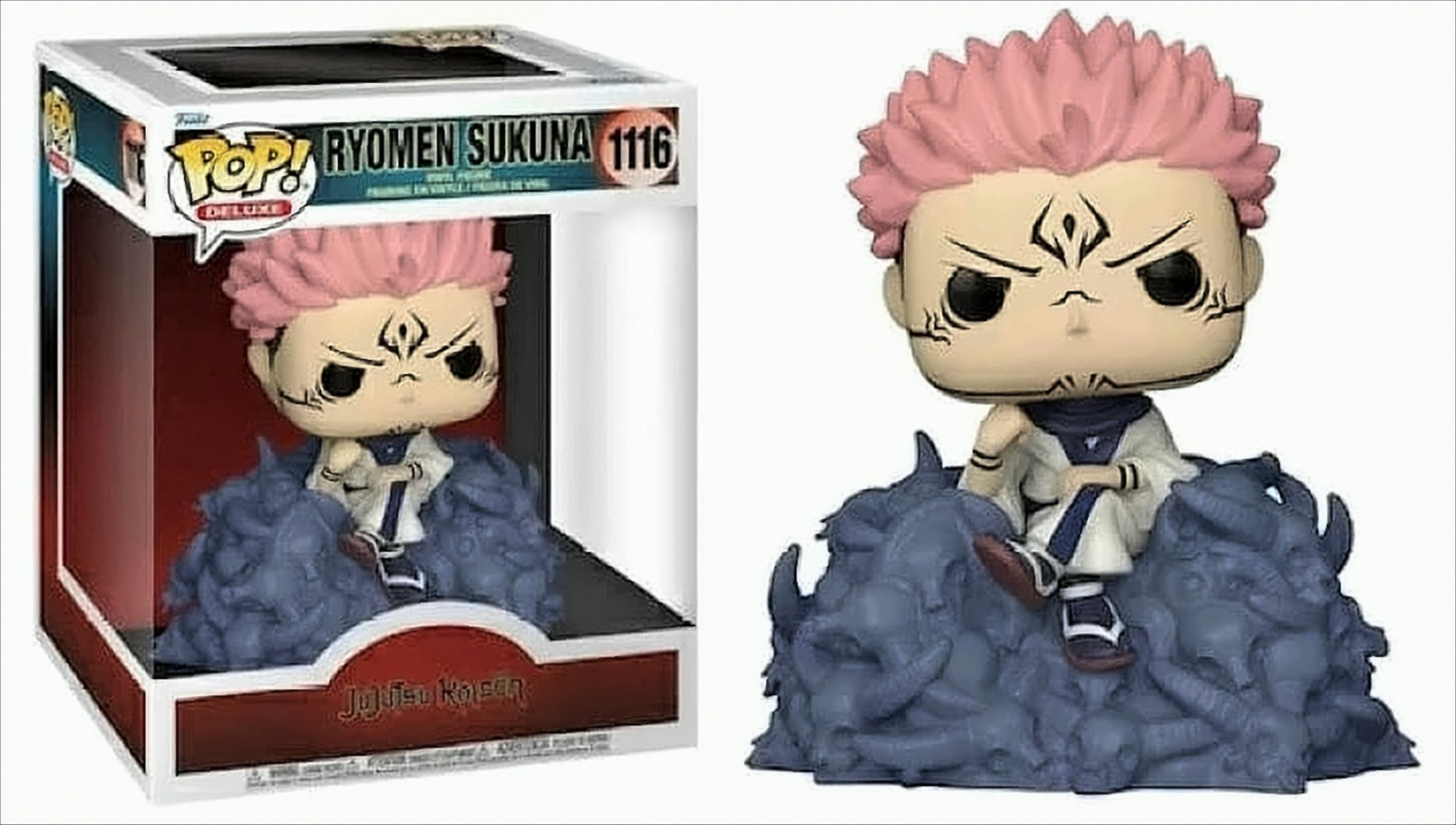 Funko Pop Figur von Ryomen Sukuna auf einem Haufen blauer Skelette.