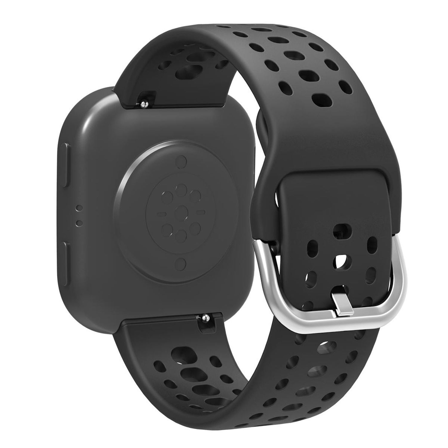 Rückseite einer schwarzen Smartwatch mit Locharmband und Metallschnalle.
