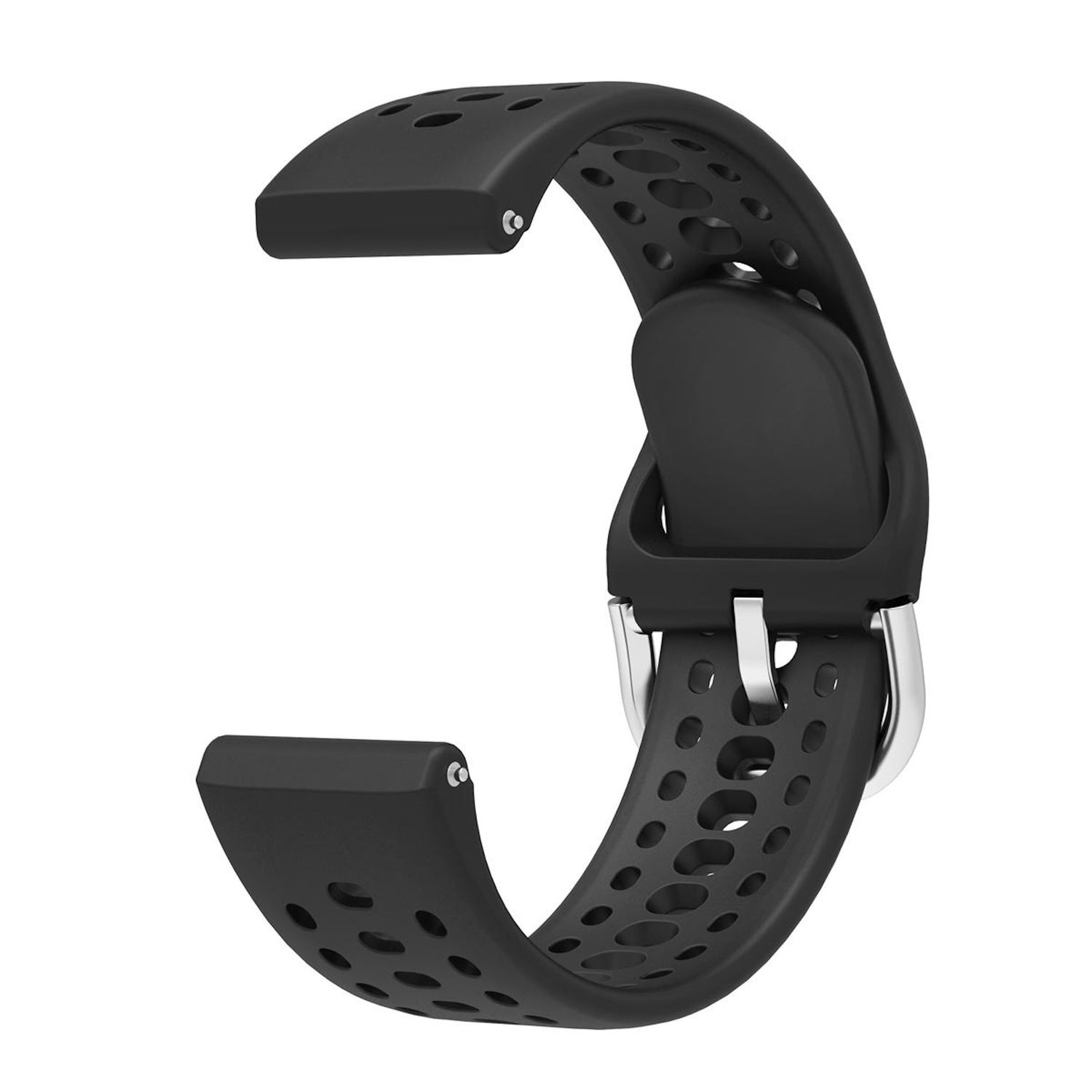 Ein schwarzes Armband mit silberner Schnalle und ovalen Löchern.