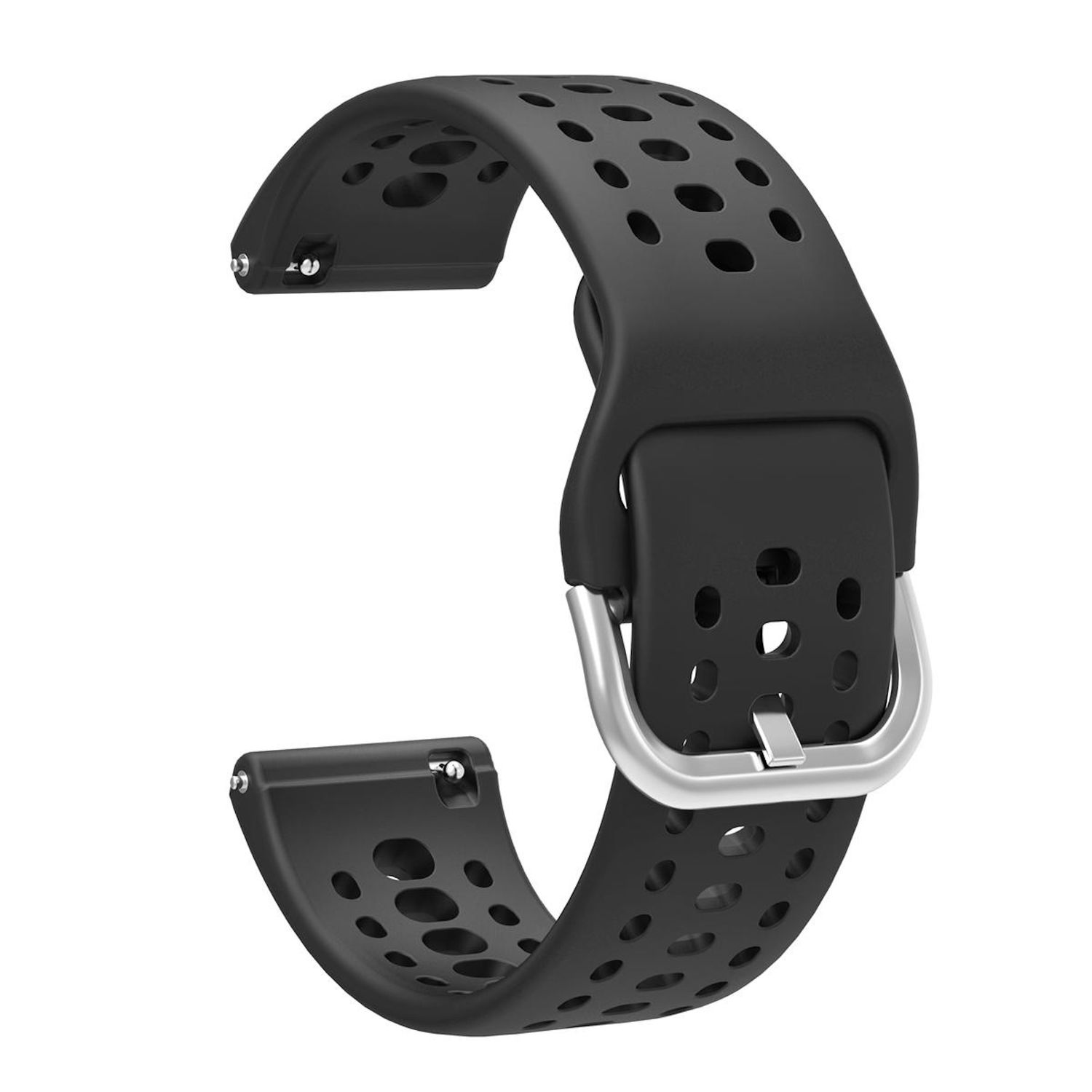Schwarzes Uhrenarmband aus Gummi mit silberner Schnalle und Lochmuster.