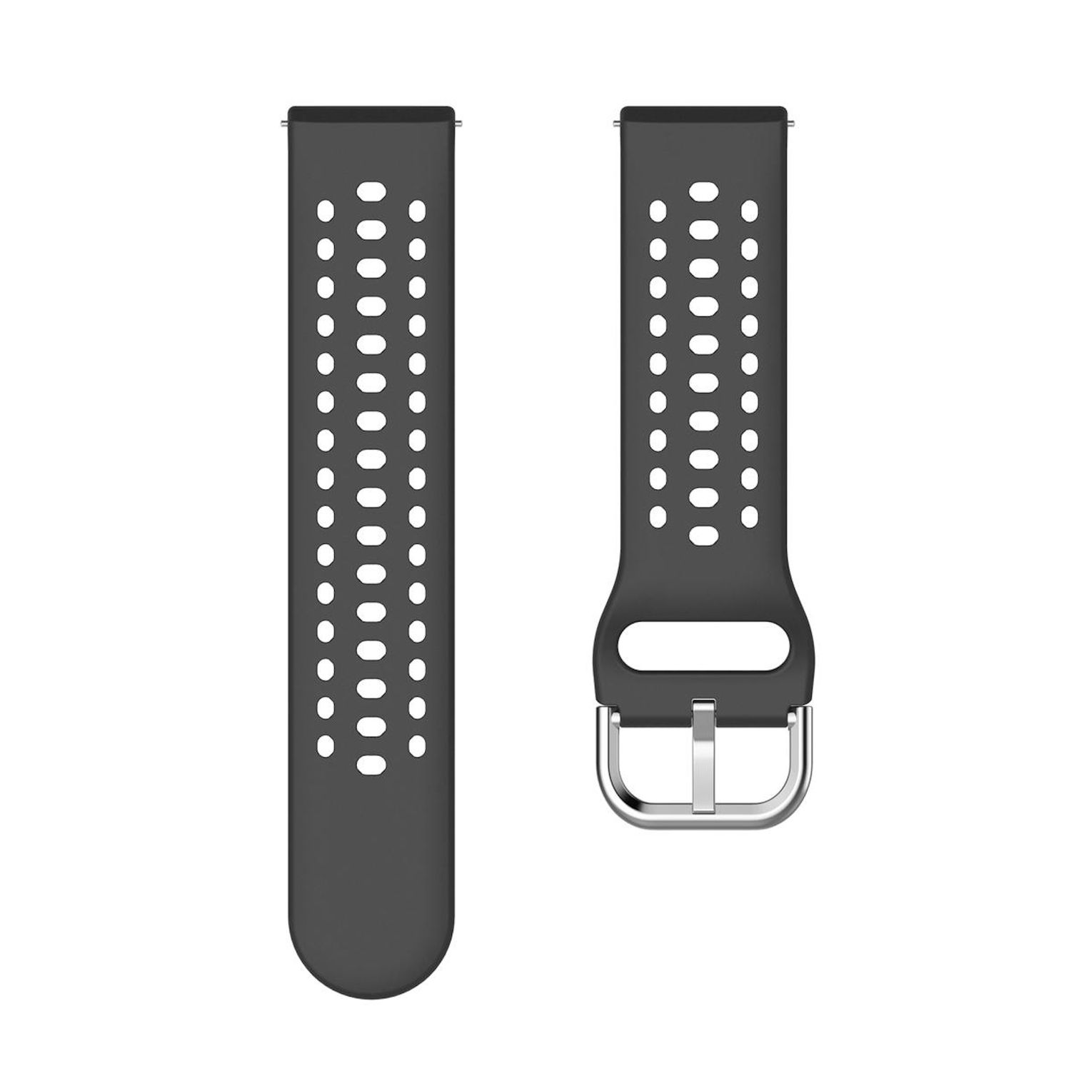 Zwei schwarze Uhrenarmbänder mit perforiertem Muster und Metallschnalle.