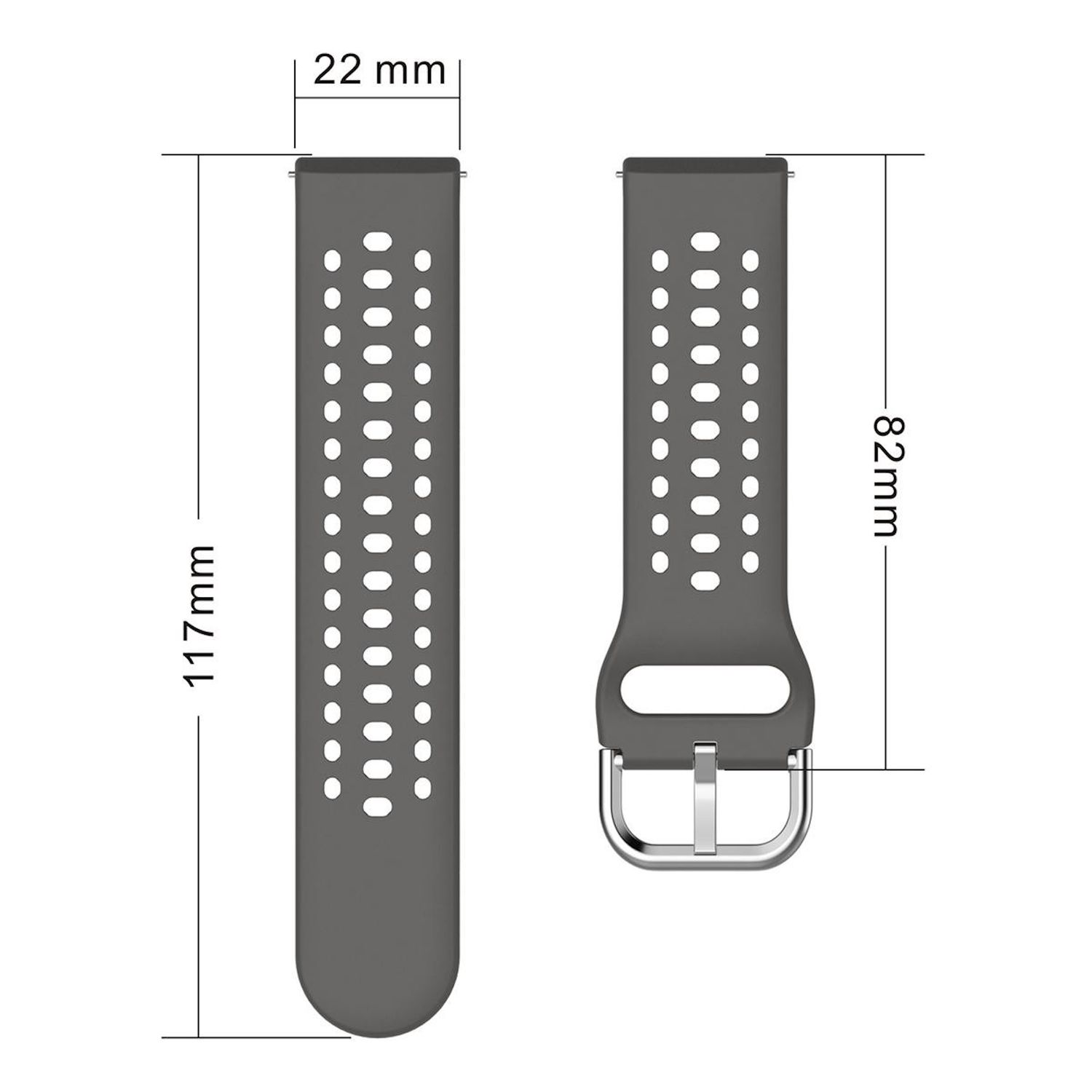Graues Uhrenarmband mit Perforationen und Metallschnalle, 117mm und 82mm lang.