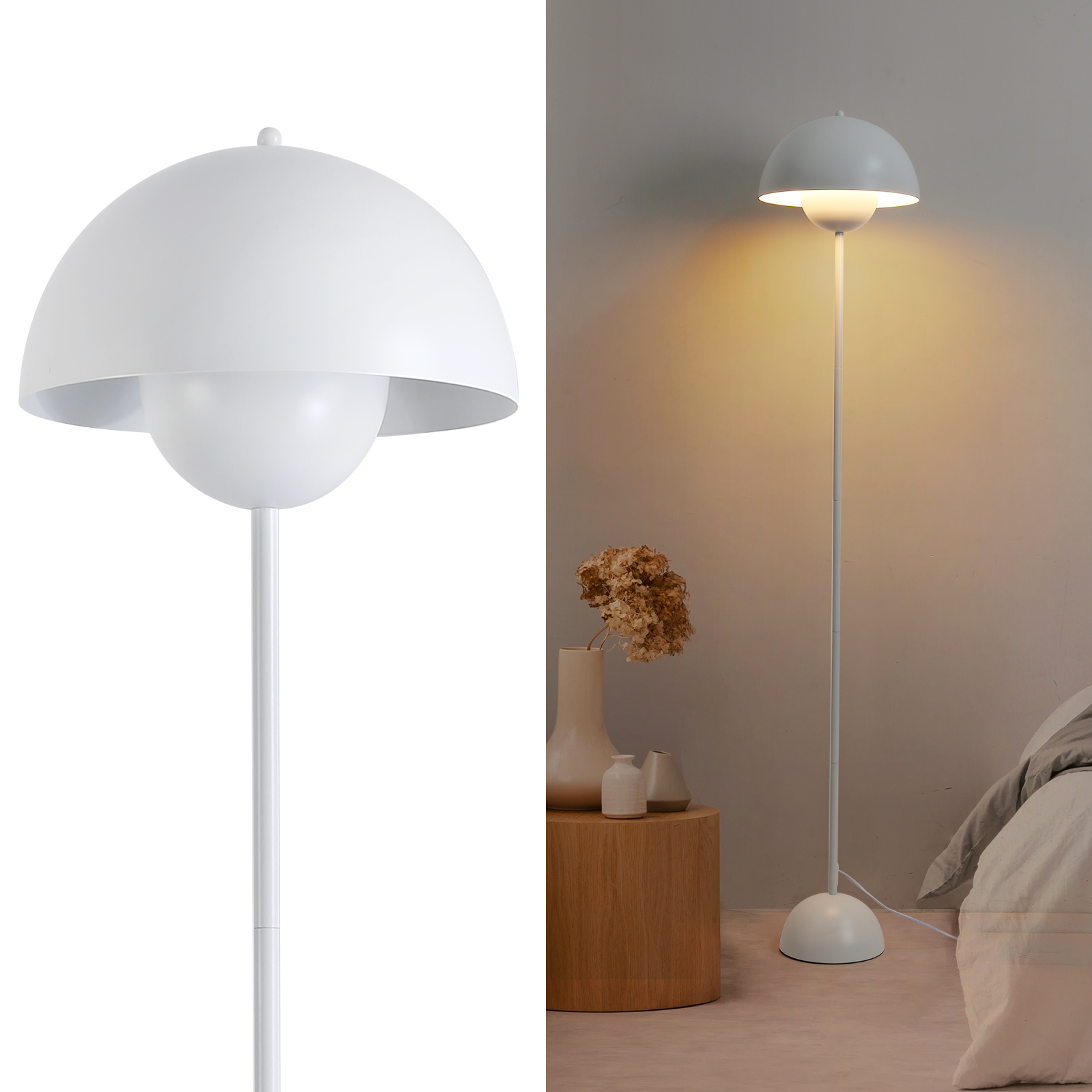 Lámpara de pie blanca con pantalla en forma de hongo junto a mesita de noche con jarrones.