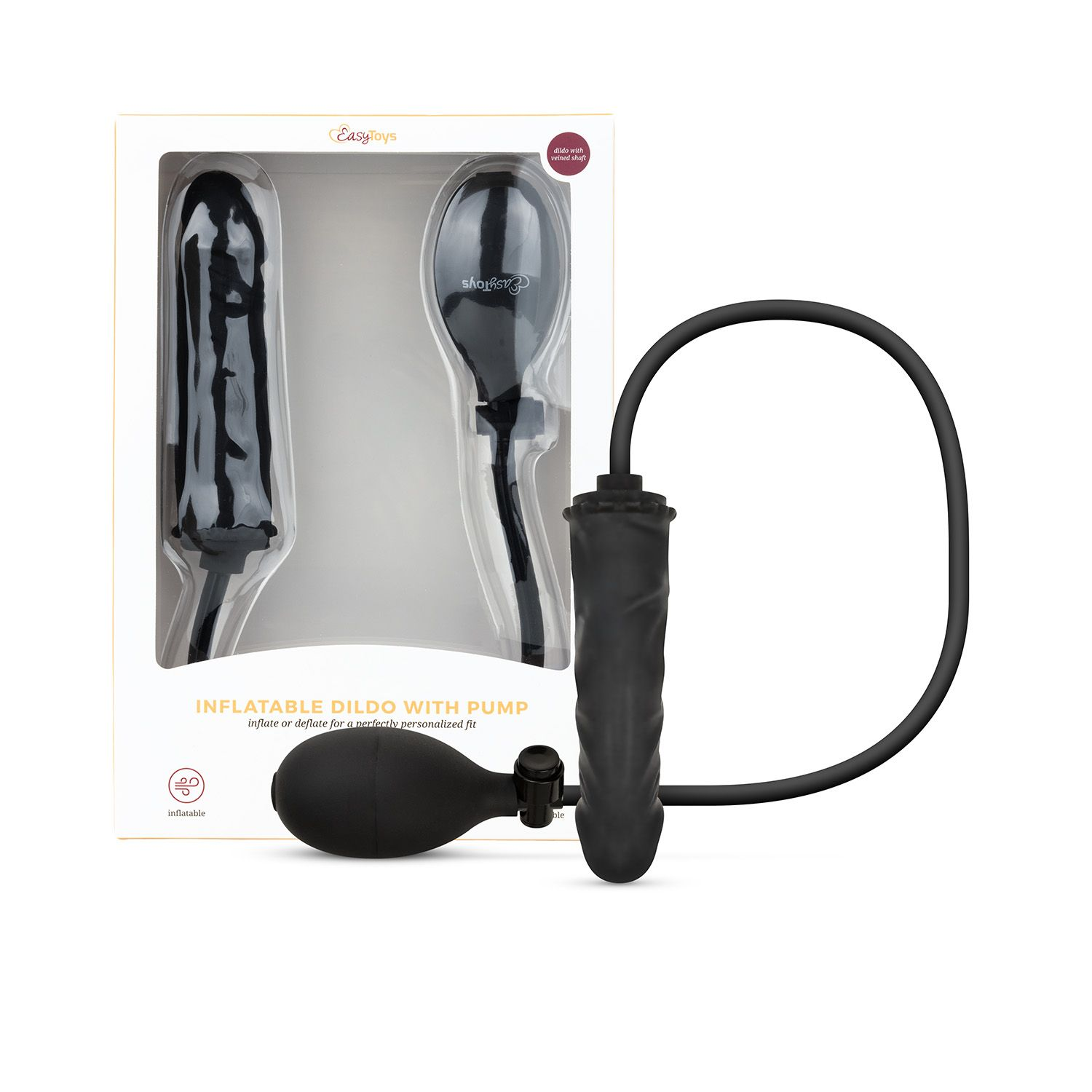 Schwarzer aufblasbarer Dildo mit Pumpe und geädertem Schaft in Verpackung.