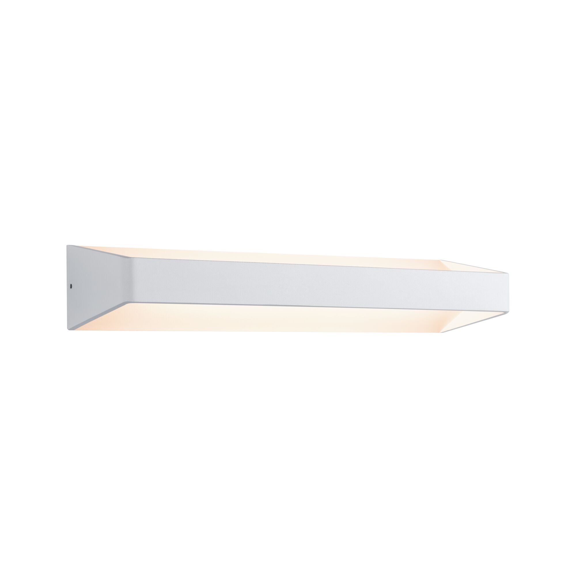 Eine weiße Wandleuchte mit geometrischem Design leuchtet von innen.