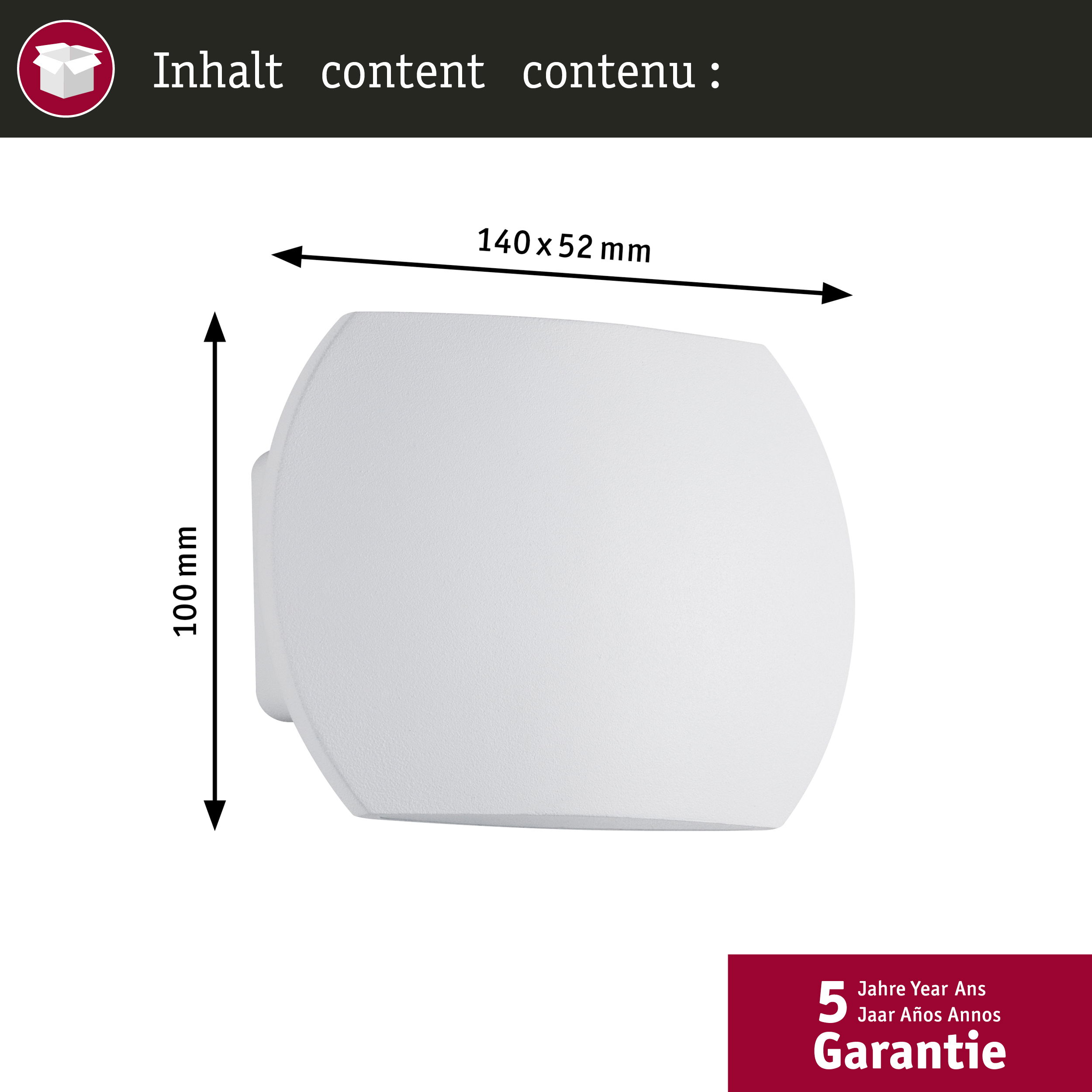 Weiße Leuchte mit Maßen 140x52 mm, Höhe 100 mm. 5 Jahre Garantie.