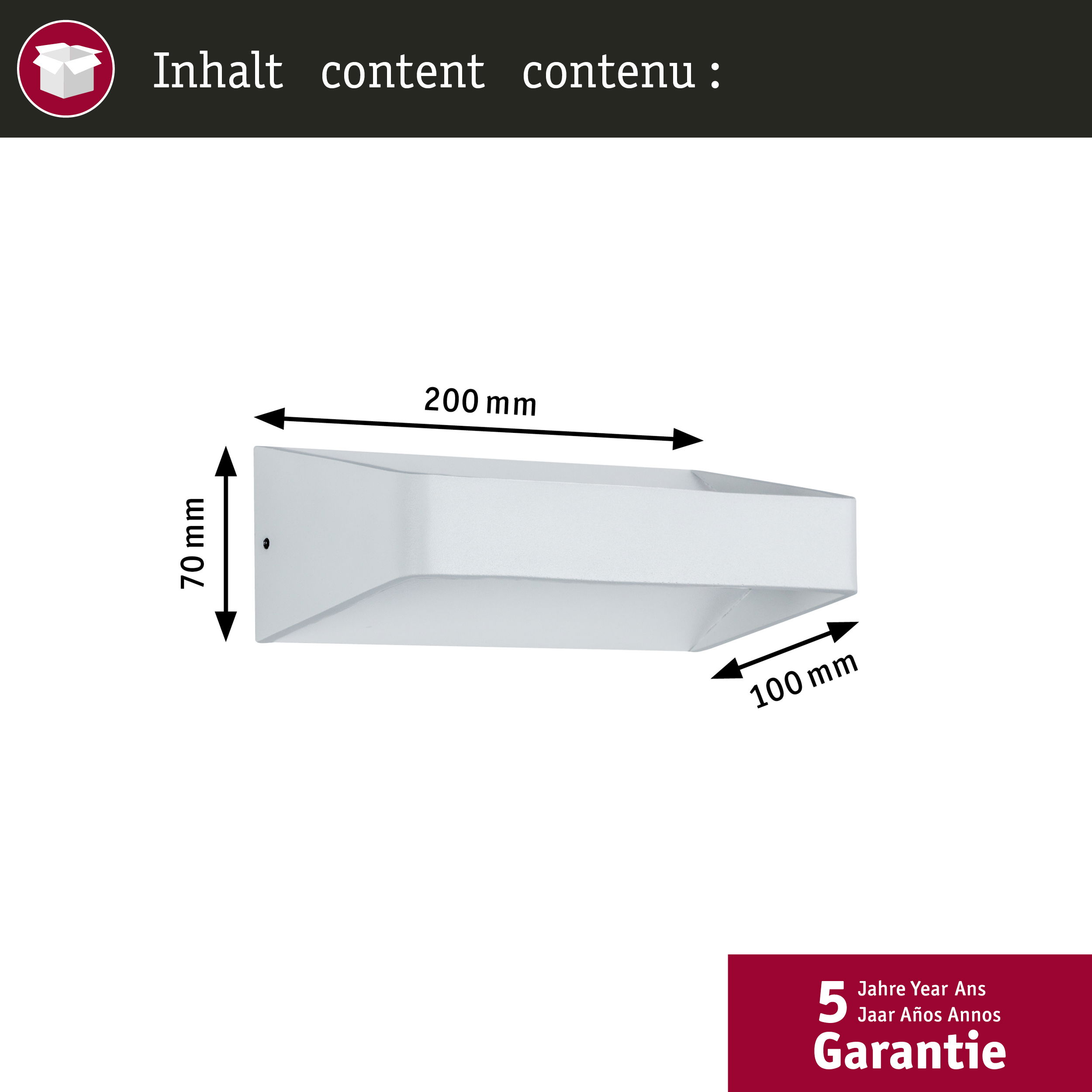 Weiße Wandleuchte mit Maßen 200x70x100 mm. Garantie 5 Jahre.