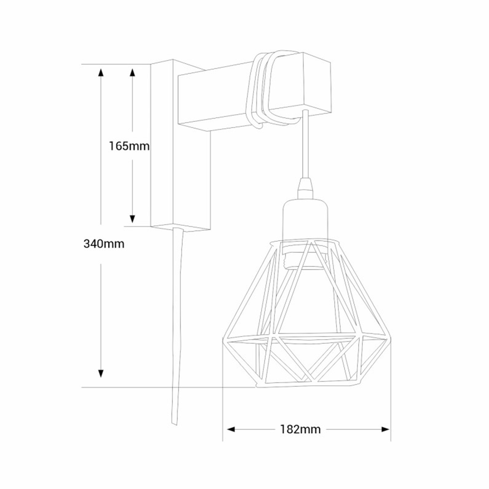 Dibujo técnico de una lámpara colgante con dimensiones de 165mm, 340mm y 182mm.