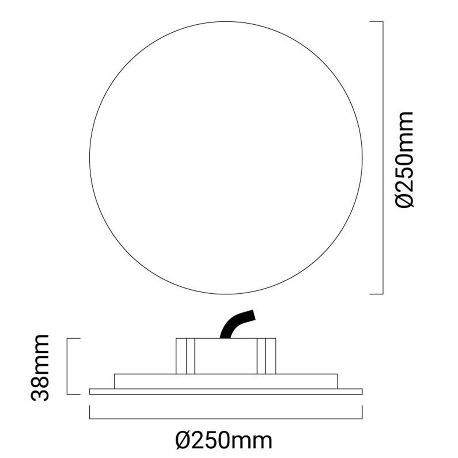 Dibujo técnico: Luminaria circular, 250mm diámetro, 38mm altura.
