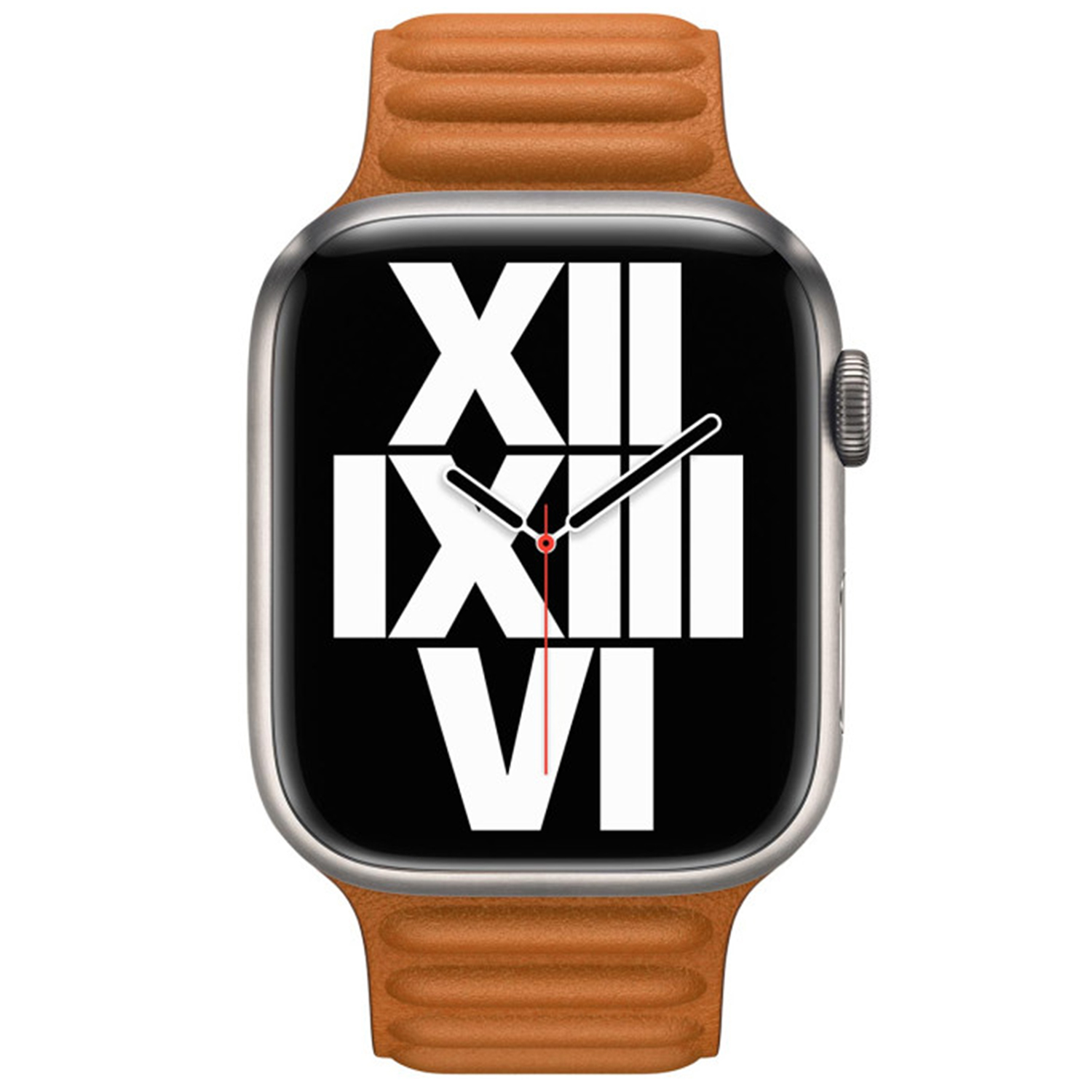 Silver smartwatch with brown band and black face showing roman numerals.