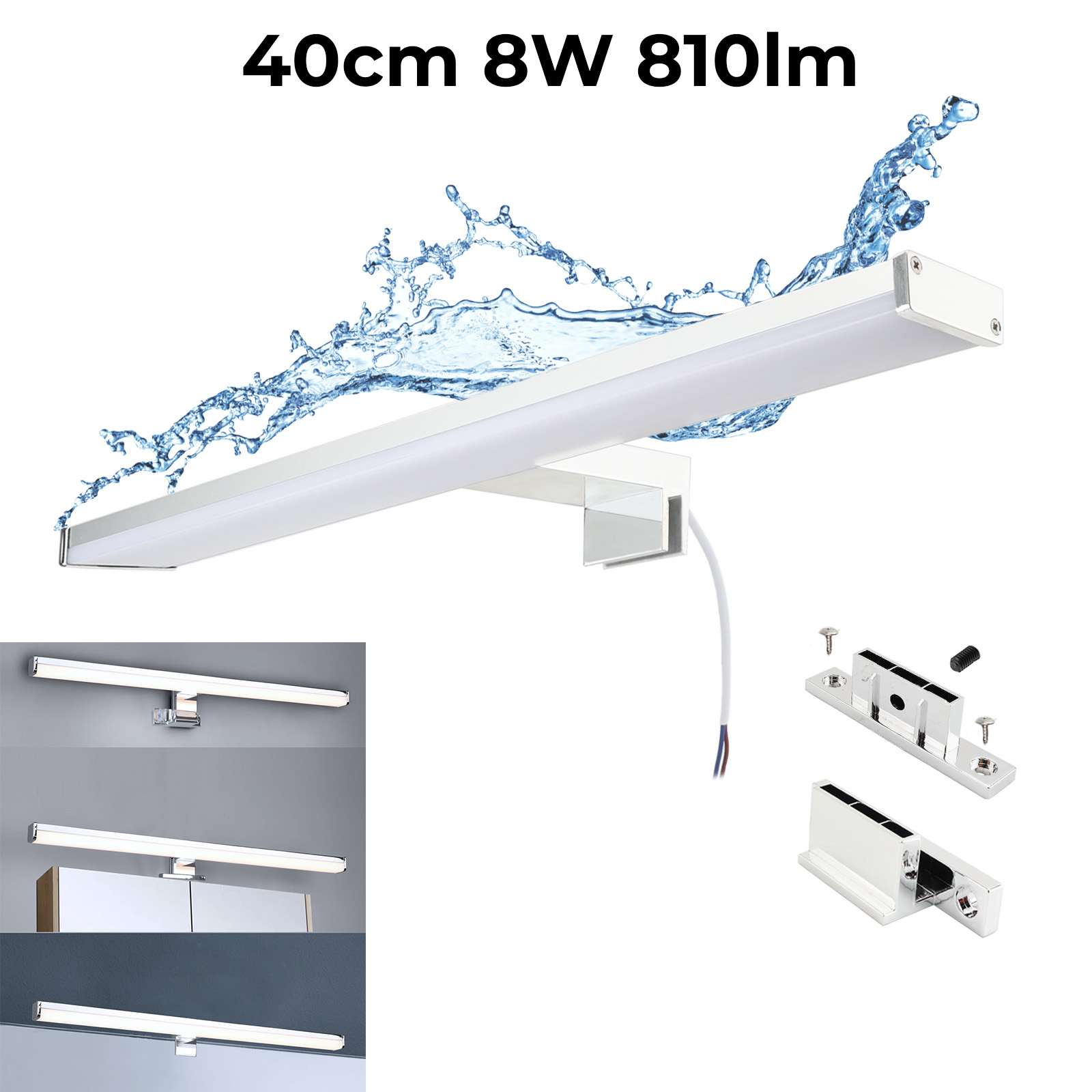 Una barra LED larga y delgada con agua salpicando por encima. Soportes de montaje.