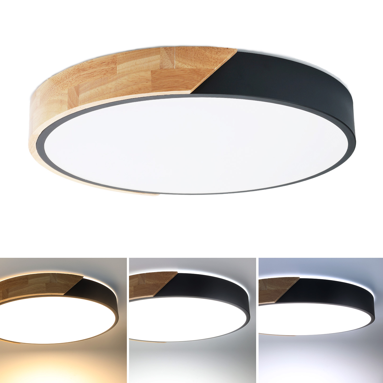 Una luz de techo redonda con acento de madera y negro sobre fondo blanco.