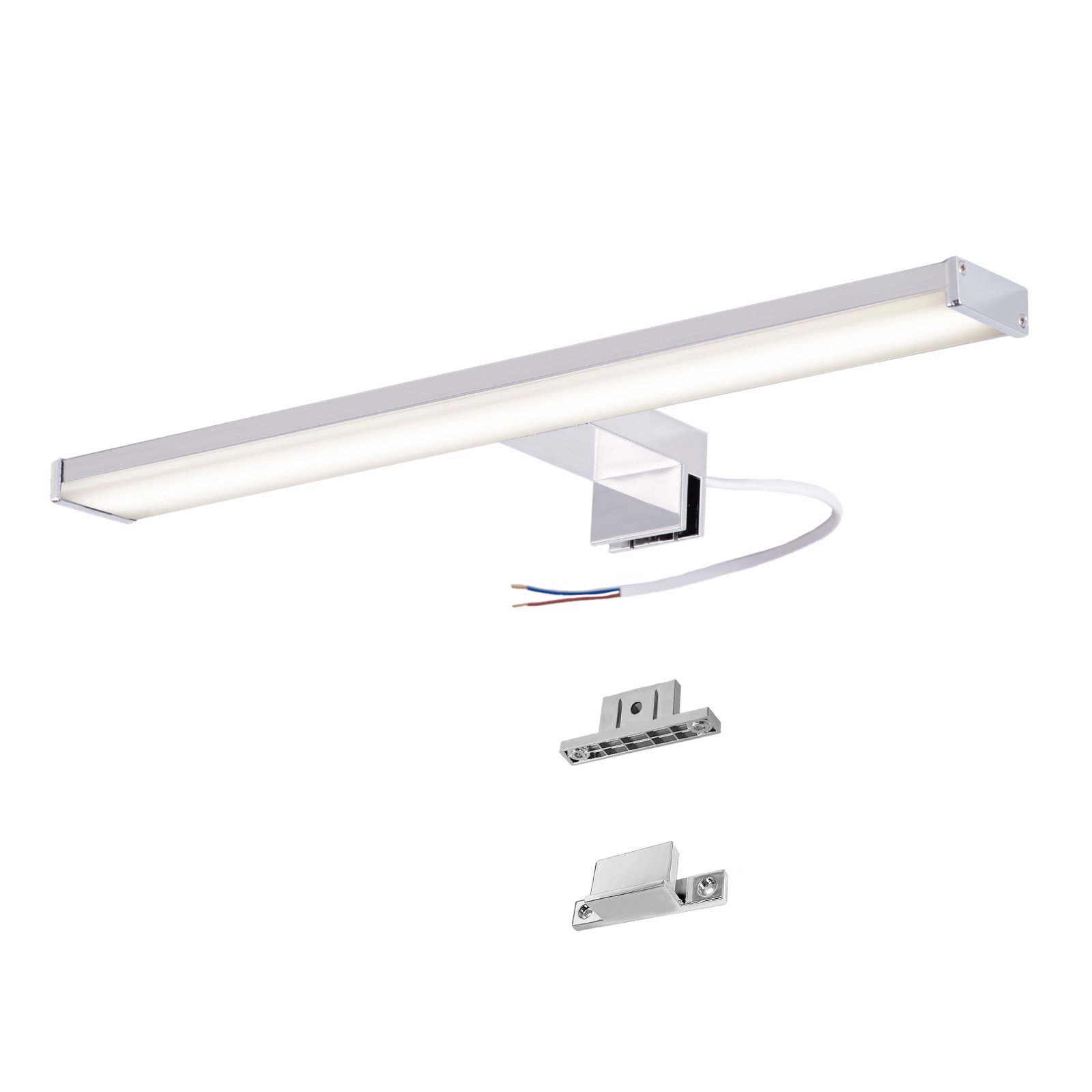 Una barra LED larga y plateada con accesorios de montaje y cables.