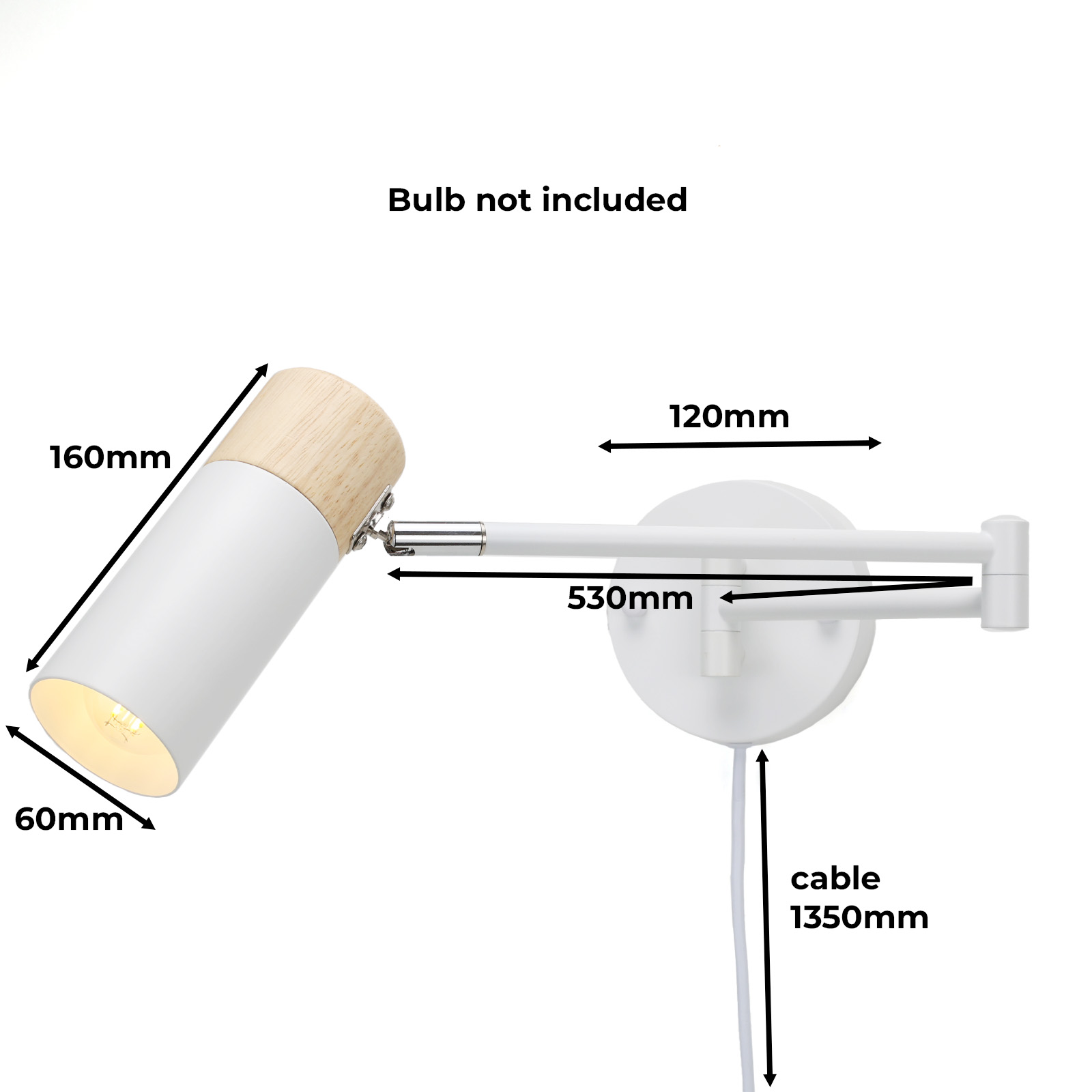 Lámpara blanca ajustable con detalle de madera. Dimensiones: 160mm, 60mm, 120mm, 530mm, cable 1350mm.
