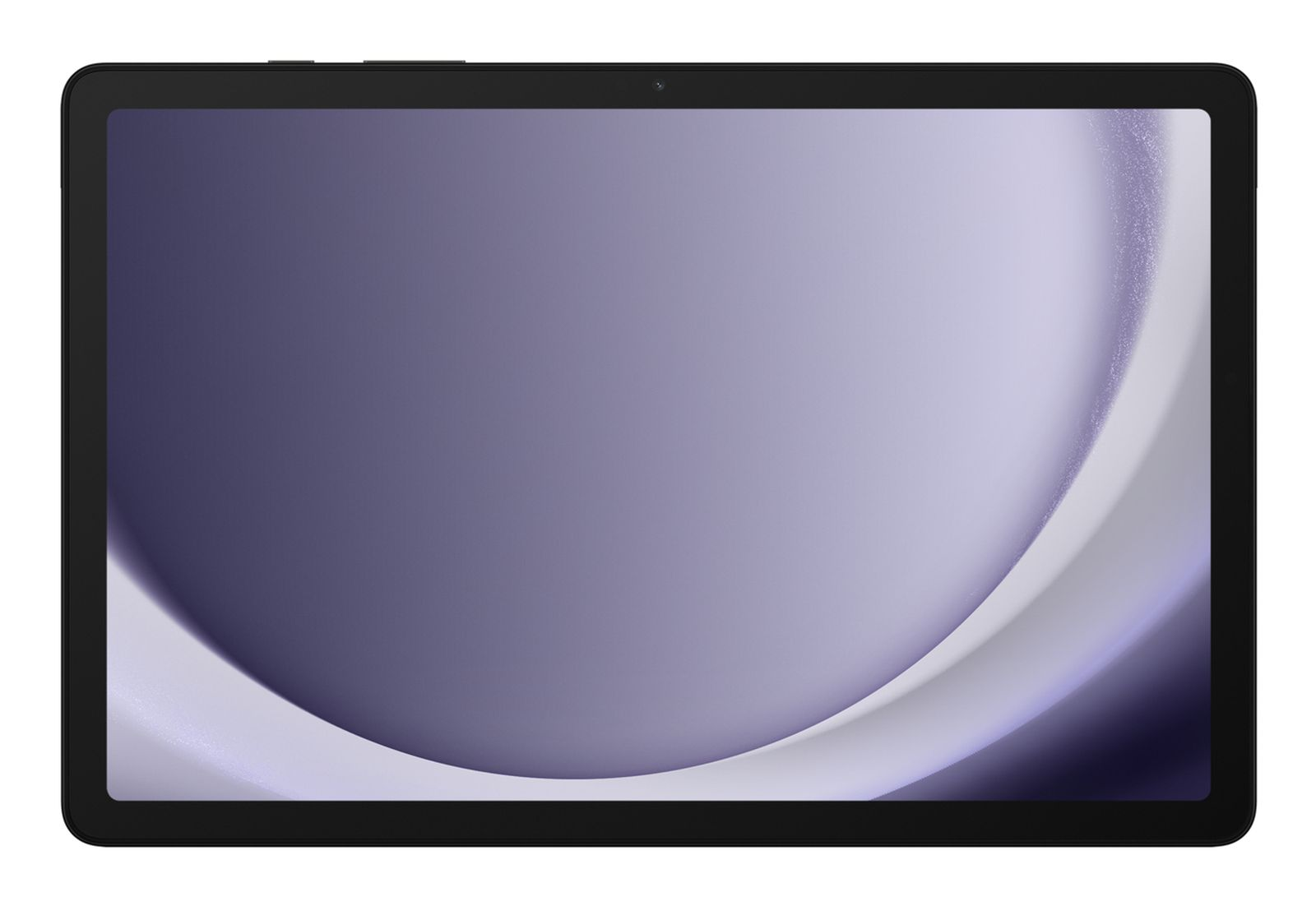 Una tableta negra con un patrón abstracto púrpura y blanco en la pantalla.