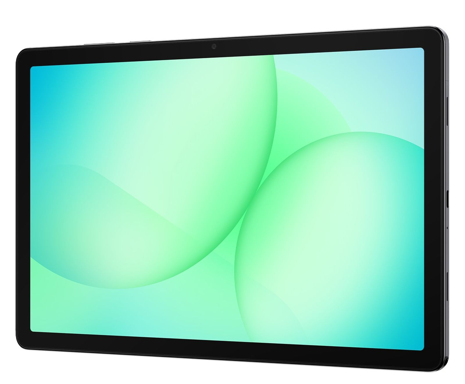 Ein dunkler Tablet-Rahmen mit einem hellgrünen und türkisfarbenen Hintergrund.
