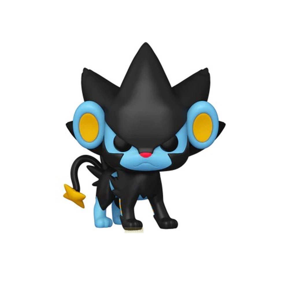 Eine schwarze und blaue Figur eines Pokémon mit gelben Kreisen um die Augen.