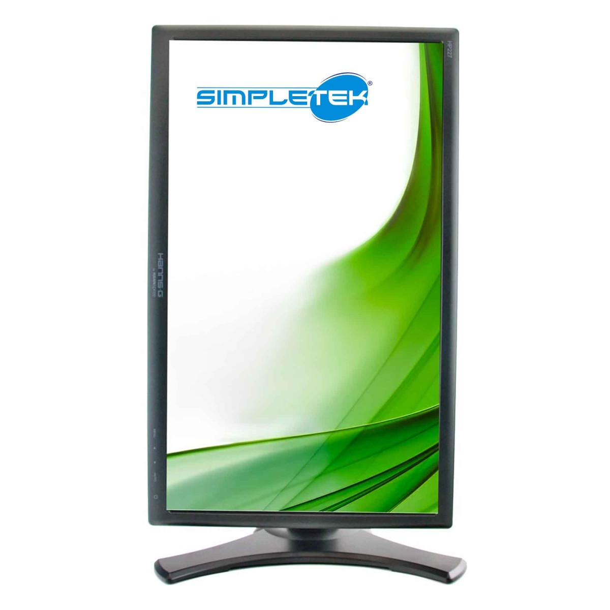 Un monitor nero con il logo "SimpleTek" e un motivo a onde verdi.