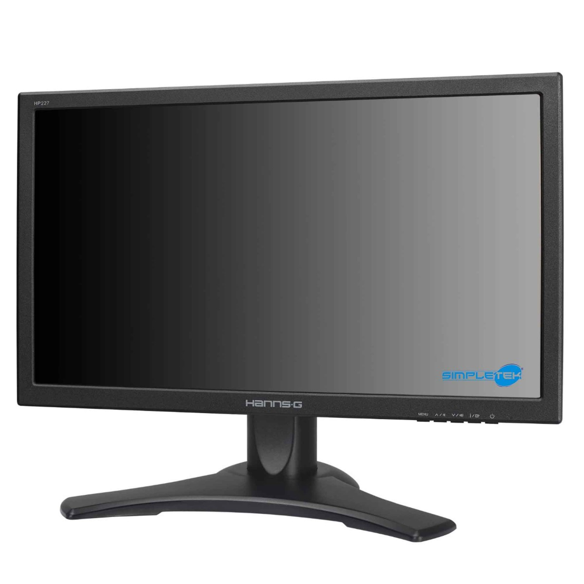 Un monitor nero HP227 con logo HANNS-G su un ampio supporto.