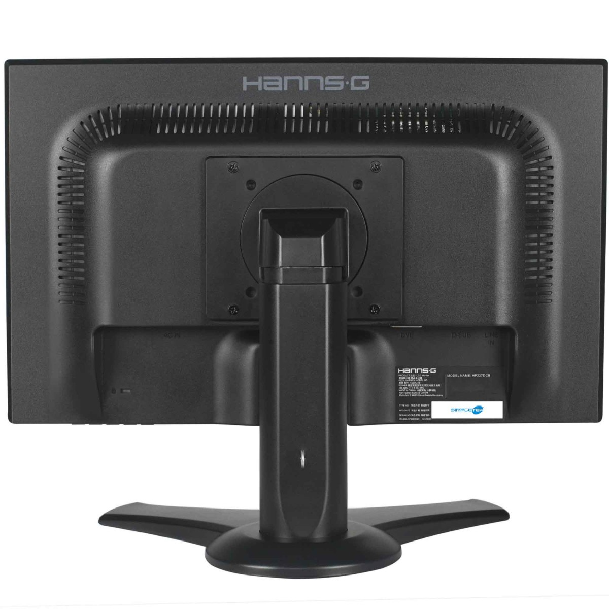 Vista posteriore di un monitor nero con supporto e porte.