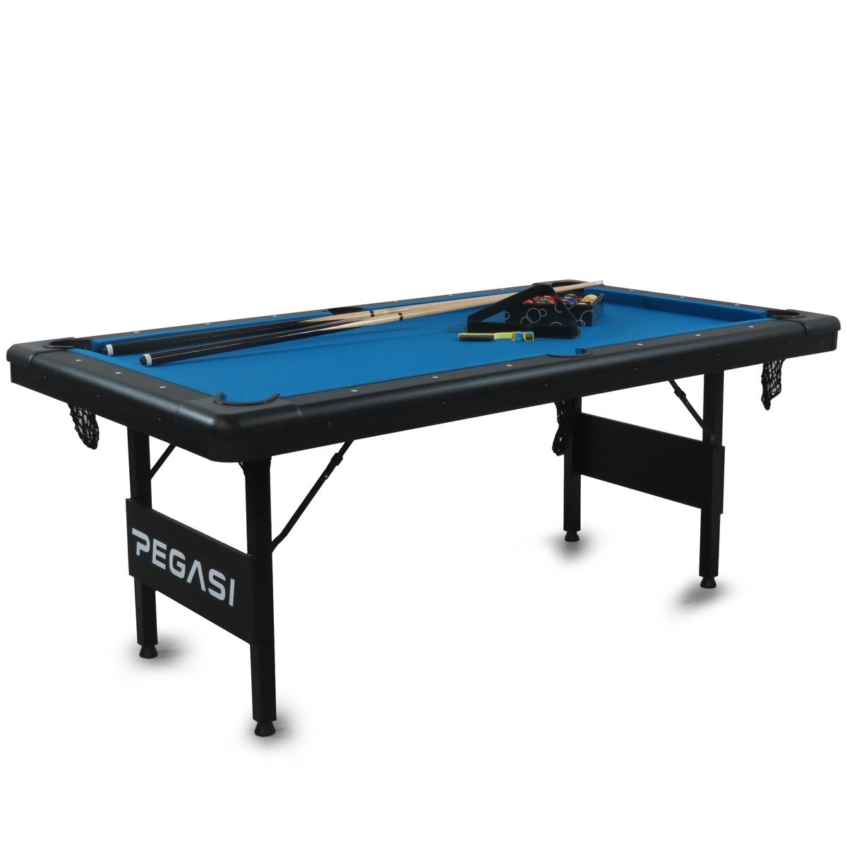 Een blauwe biljarttafel met zwarte poten en accessoires.