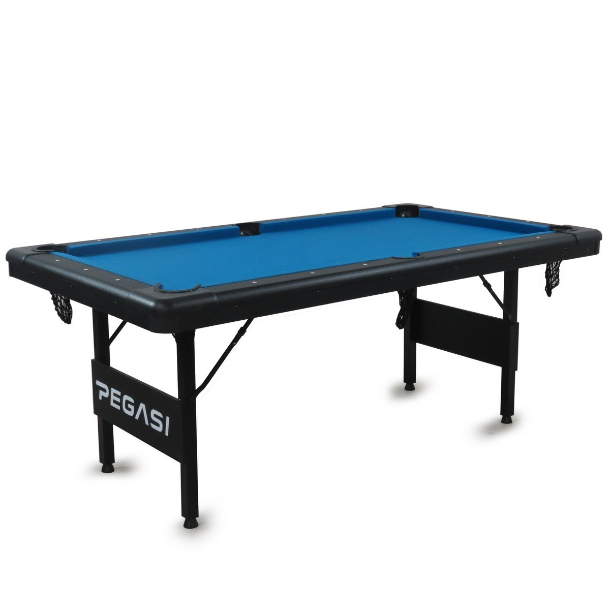 Een blauwe biljarttafel met zwart frame en poten.
