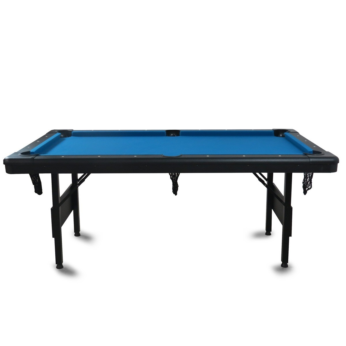 Een blauwe biljarttafel met zwart frame en inklapbare poten.