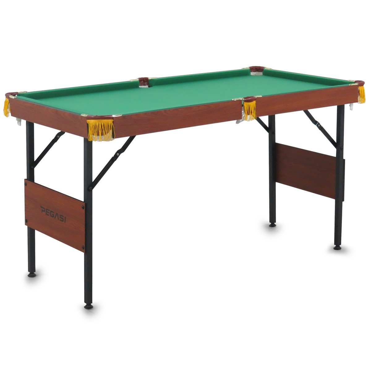 Een groene biljarttafel met een bruin houten frame en zwarte poten.