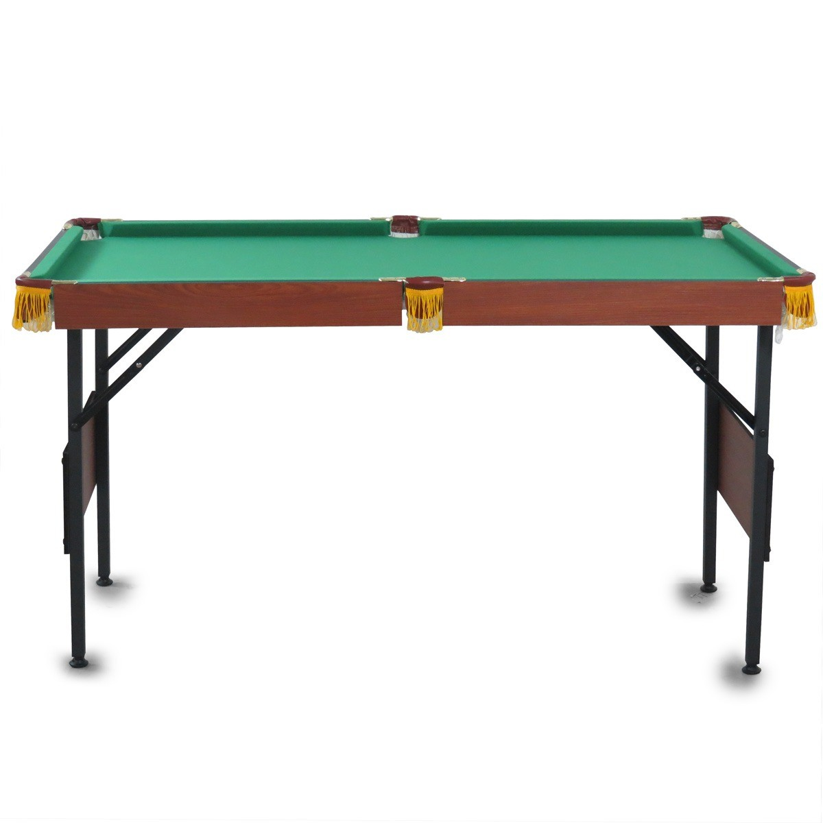 Groene biljarttafel met houten rand en gele franje bij de ballenvangers.