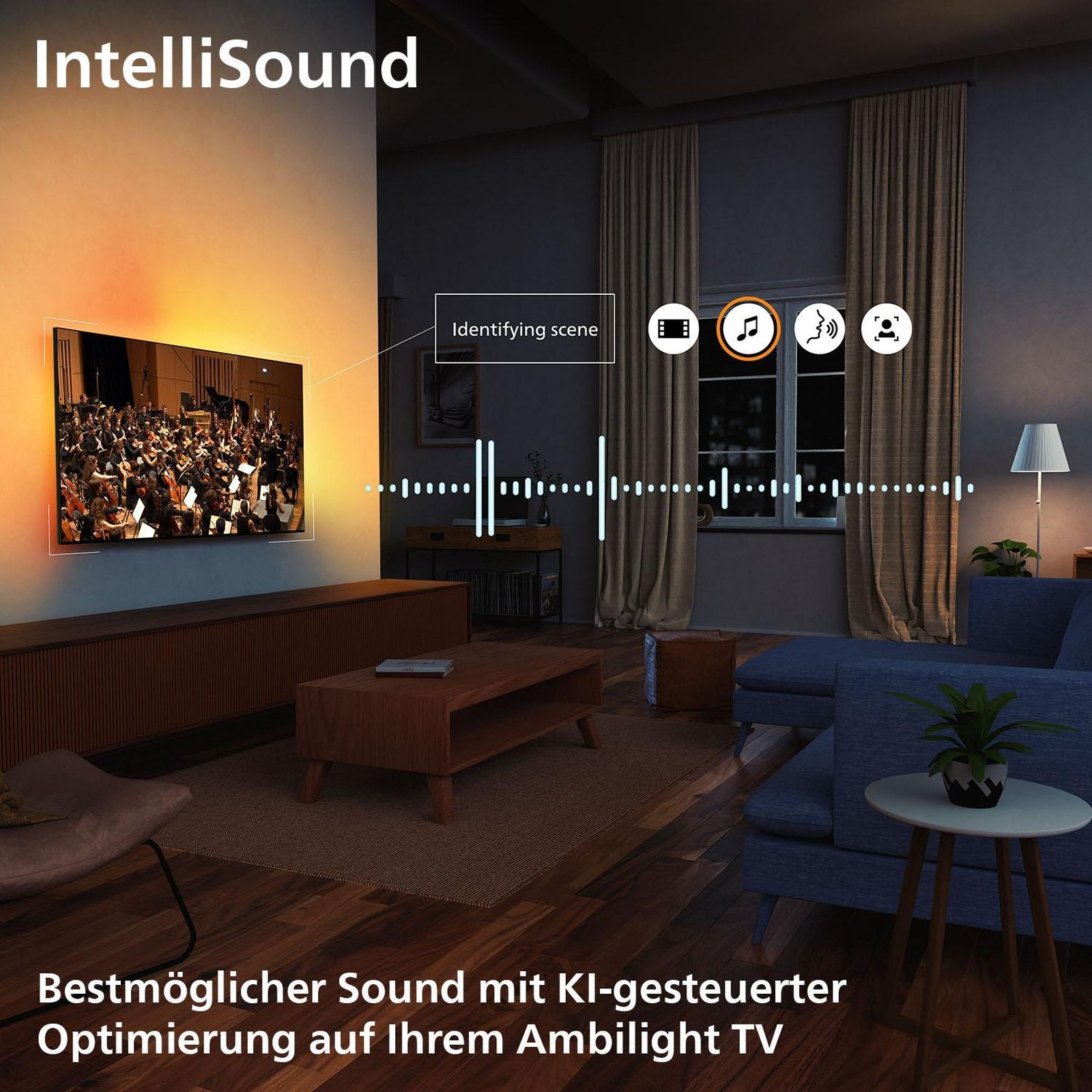 IntelliSound: TV pokazuje orkiestrę, AI analizuje scenę. Salon z sofą, stołem.