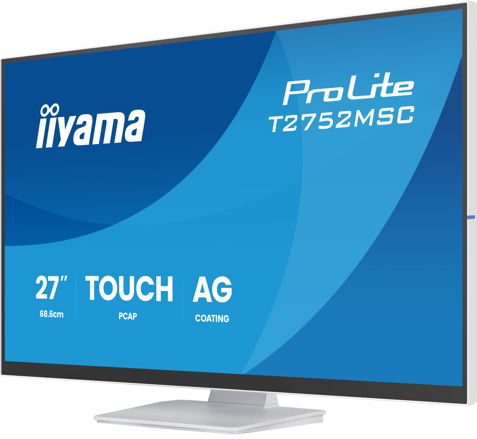 Monitor dotykowy 27 cali z logo ProLite T2752MSC na niebieskim tle.
