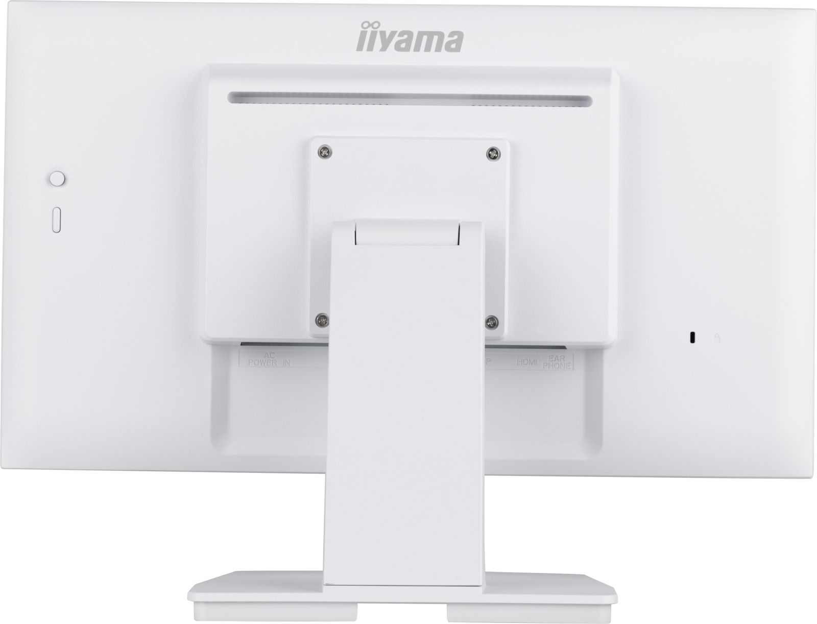 Tył białego monitora z portami: AC Power In, HDMI, Ear Phone.