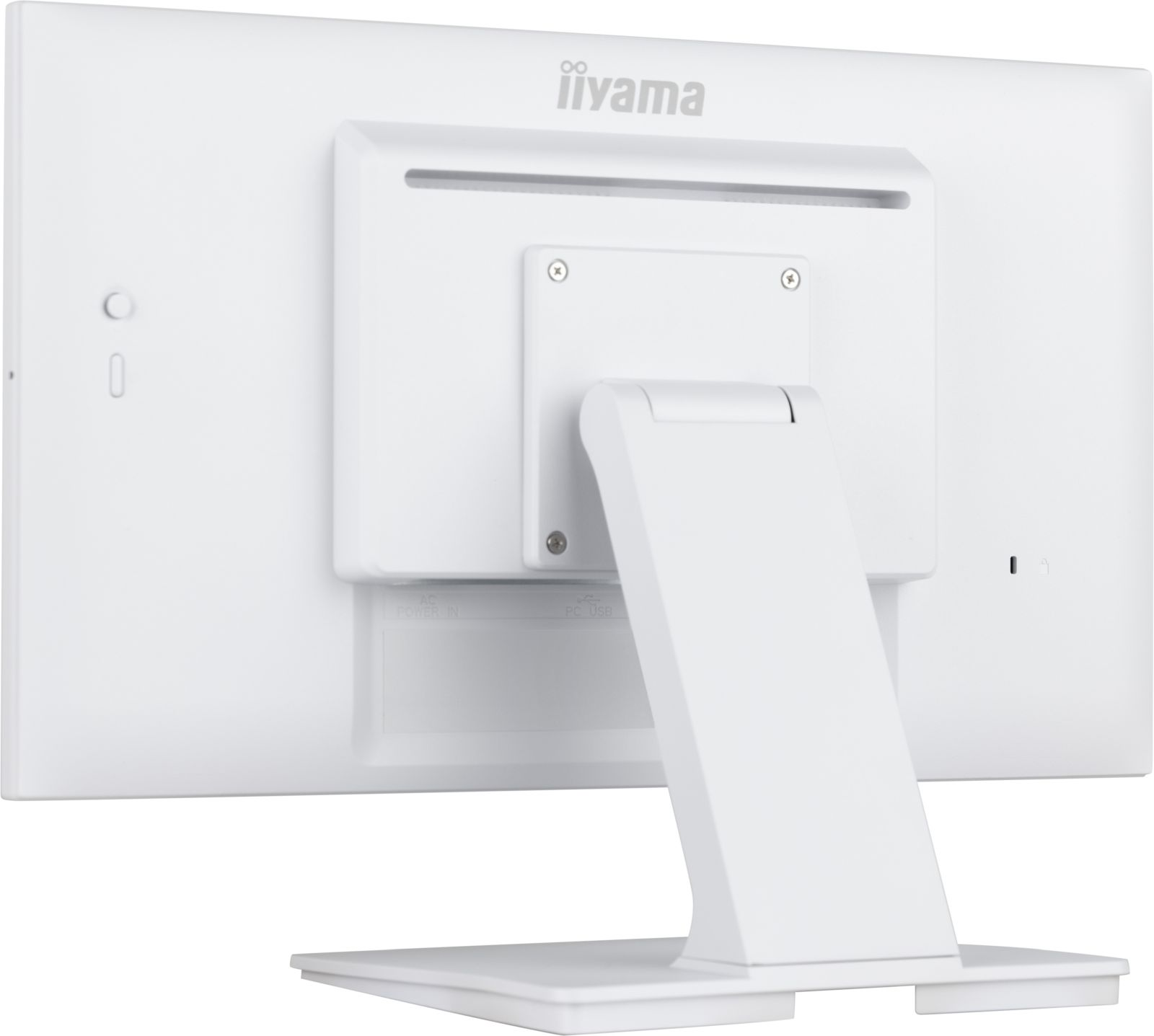 Tylna strona białego monitora iiyama ze stojakiem i portami.