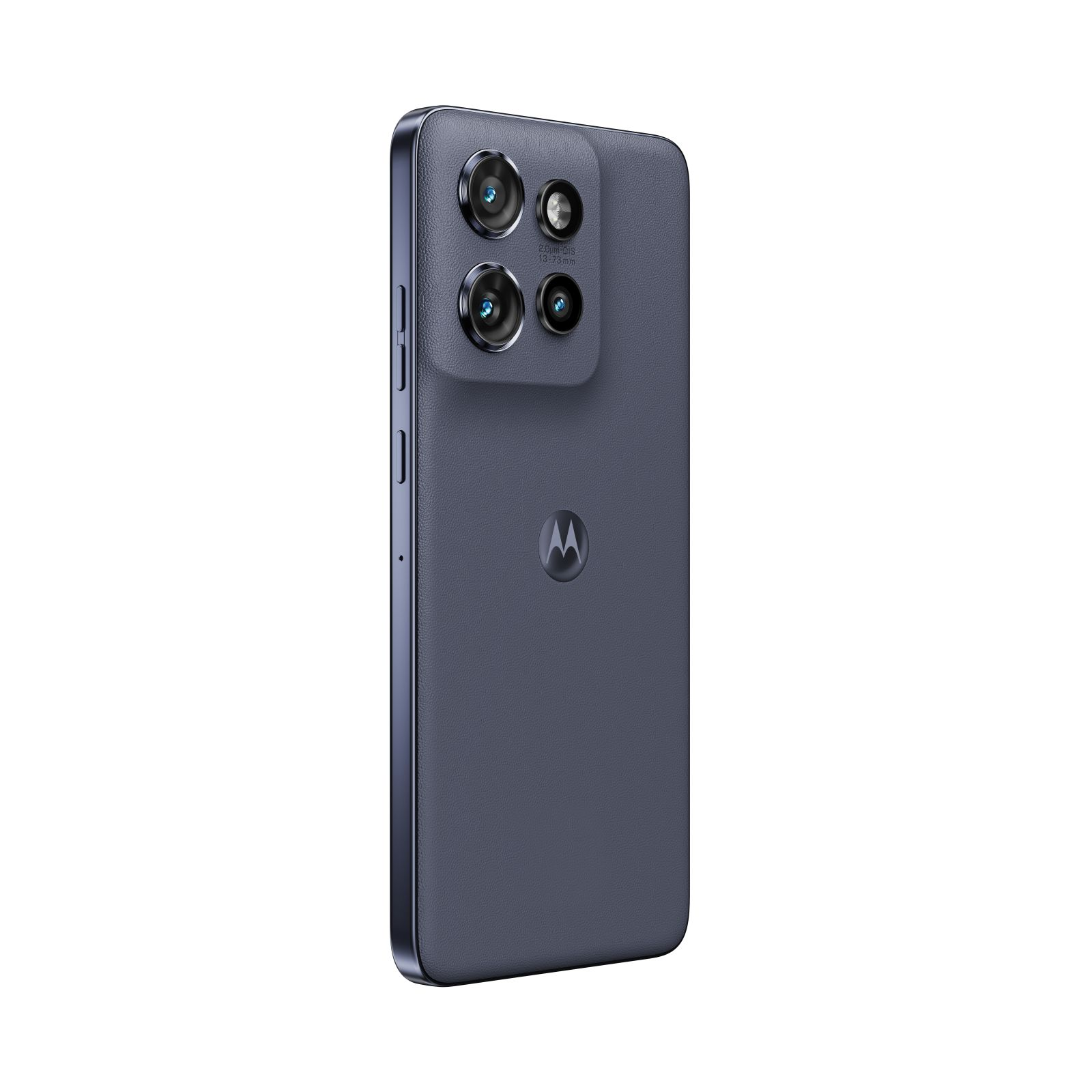 Ciemnoszary smartfon z czterema aparatami i logo Motoroli.