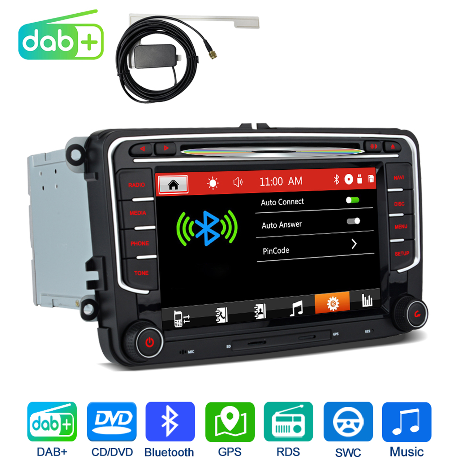 DAB+ Autoradio mit Touchscreen, Antenne, DVD, Bluetooth, GPS-Symbolen.
