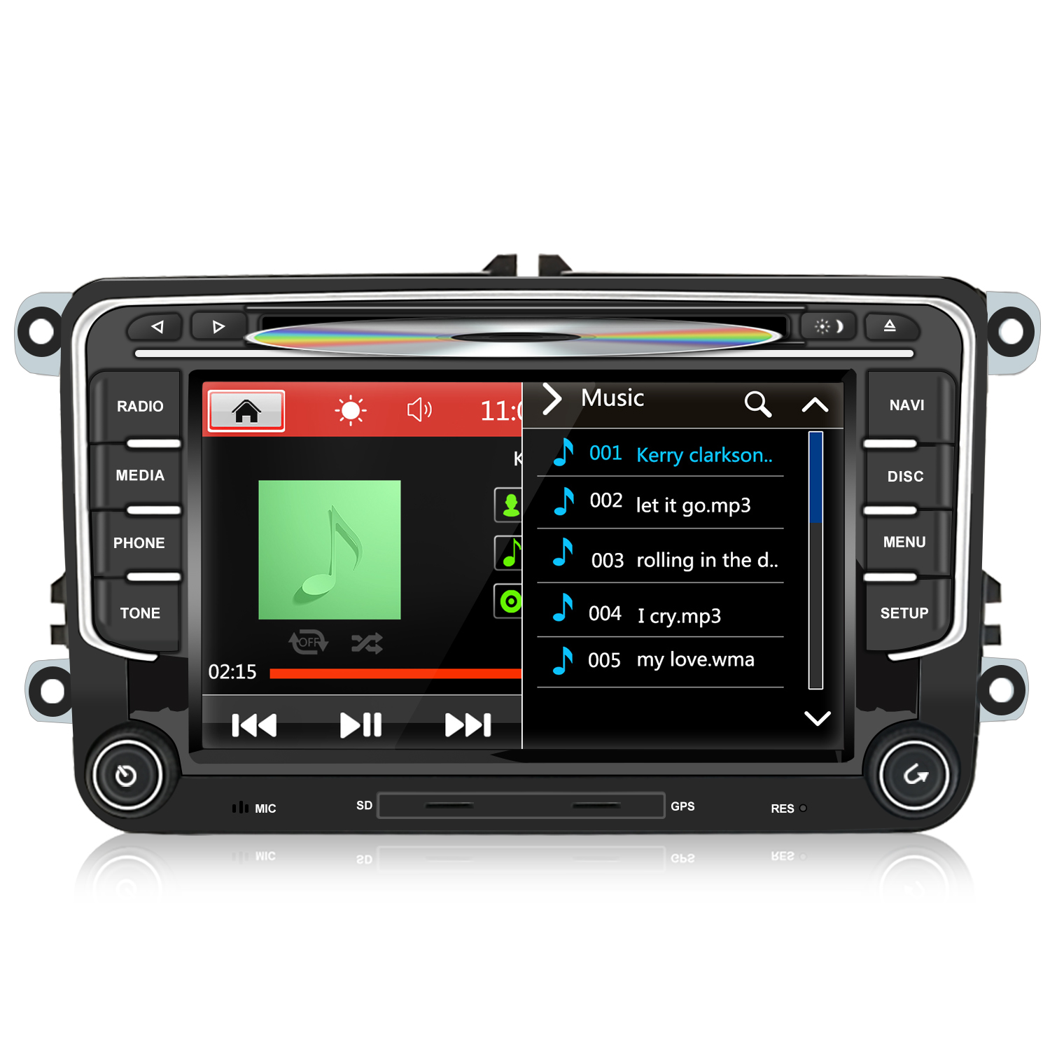 Ein Autoradio mit Touchscreen zeigt eine Musikliste mit Titeln an.