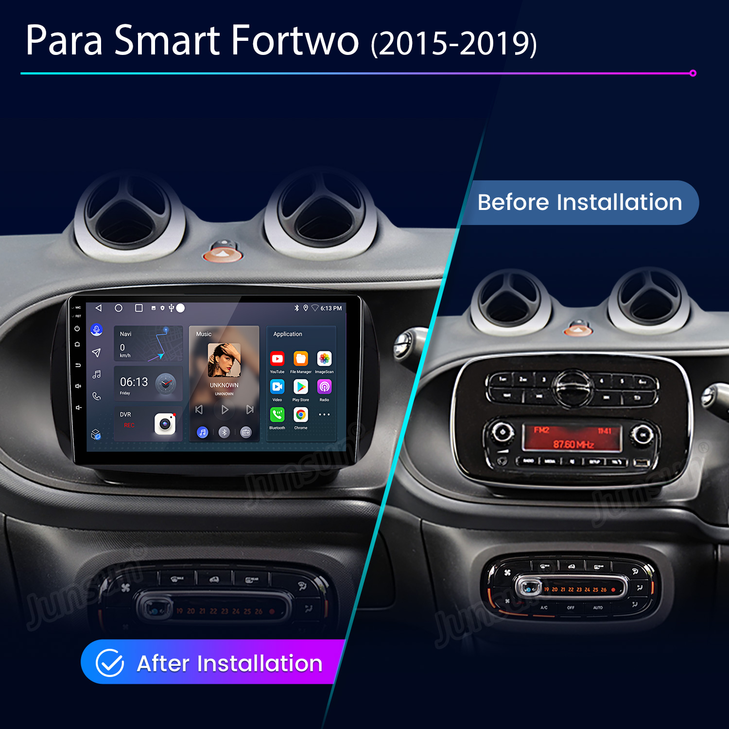 Comparación antes y después del salpicadero de un Smart Fortwo con nuevo sistema multimedia.