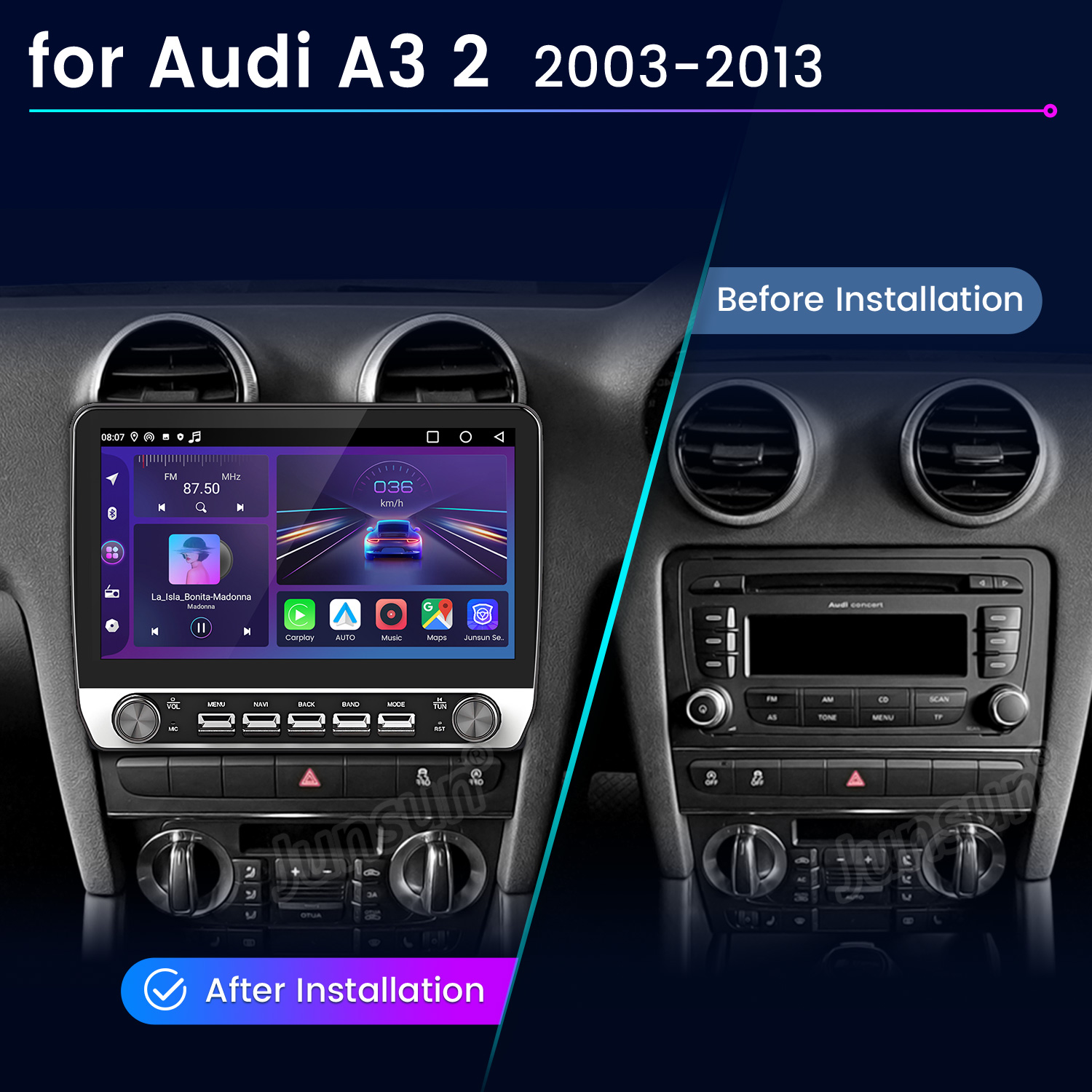 Comparación antes y después de un sistema de infoentretenimiento Audi A3.