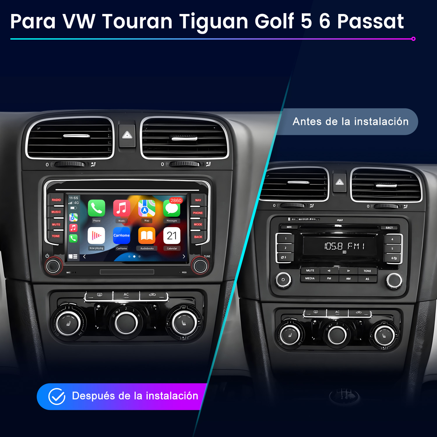 Comparación antes/después de una radio de coche VW. Pantalla nueva a la izquierda, vieja a la derecha.