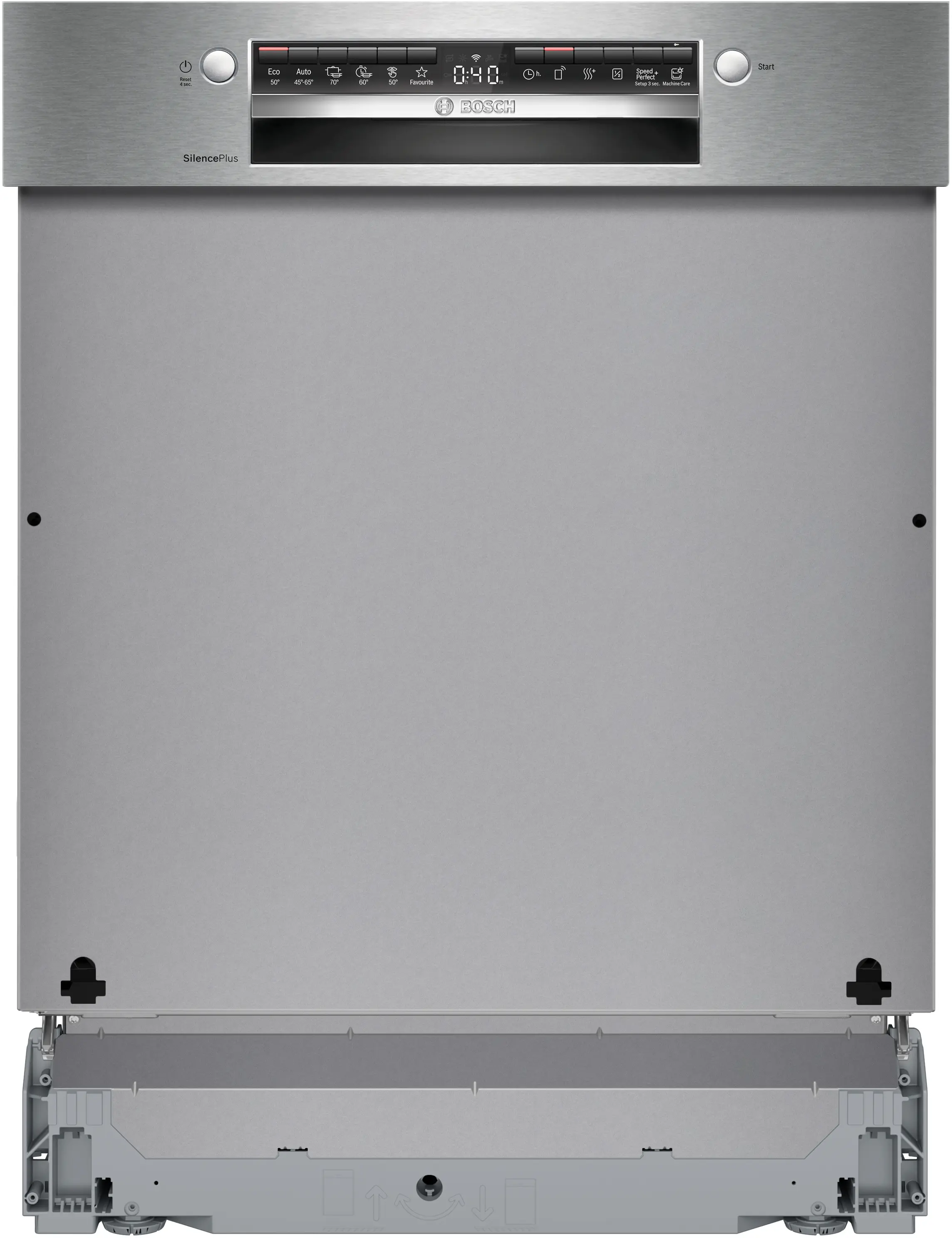 Zmywarka ze stali nierdzewnej z cyfrowym wyświetlaczem i panelem sterowania. Przycisk Start po prawej.