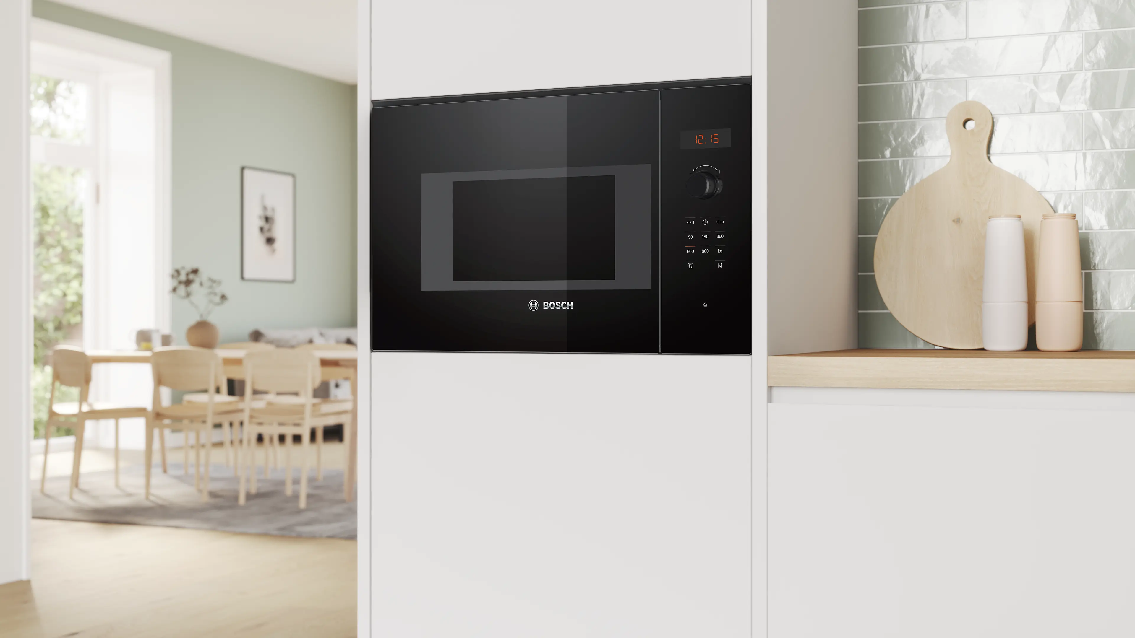 Nowoczesny piekarnik do zabudowy z czarnym frontem i panelem sterowania nad stołem.