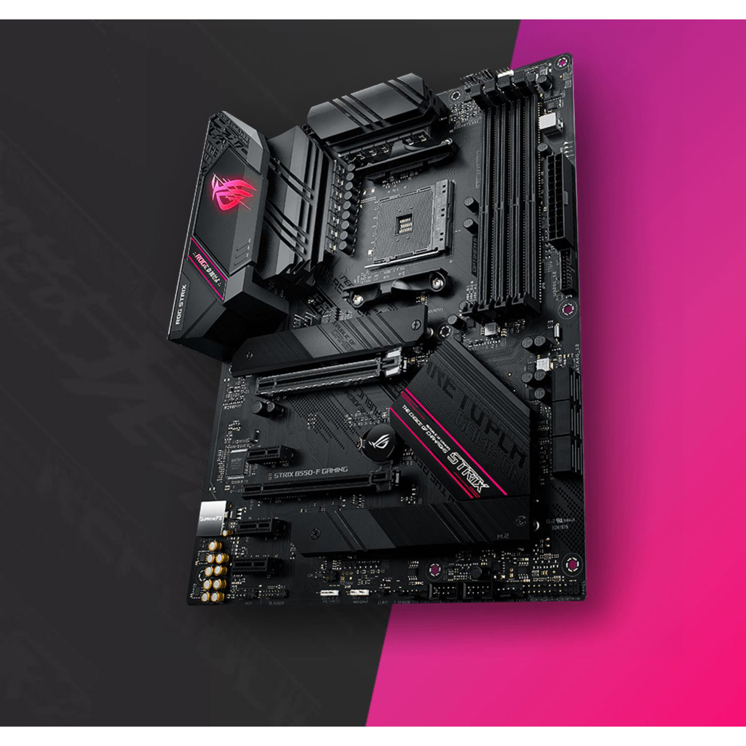 Schwarzes Motherboard mit ROG STRIX-Logo und pinkem Akzent.