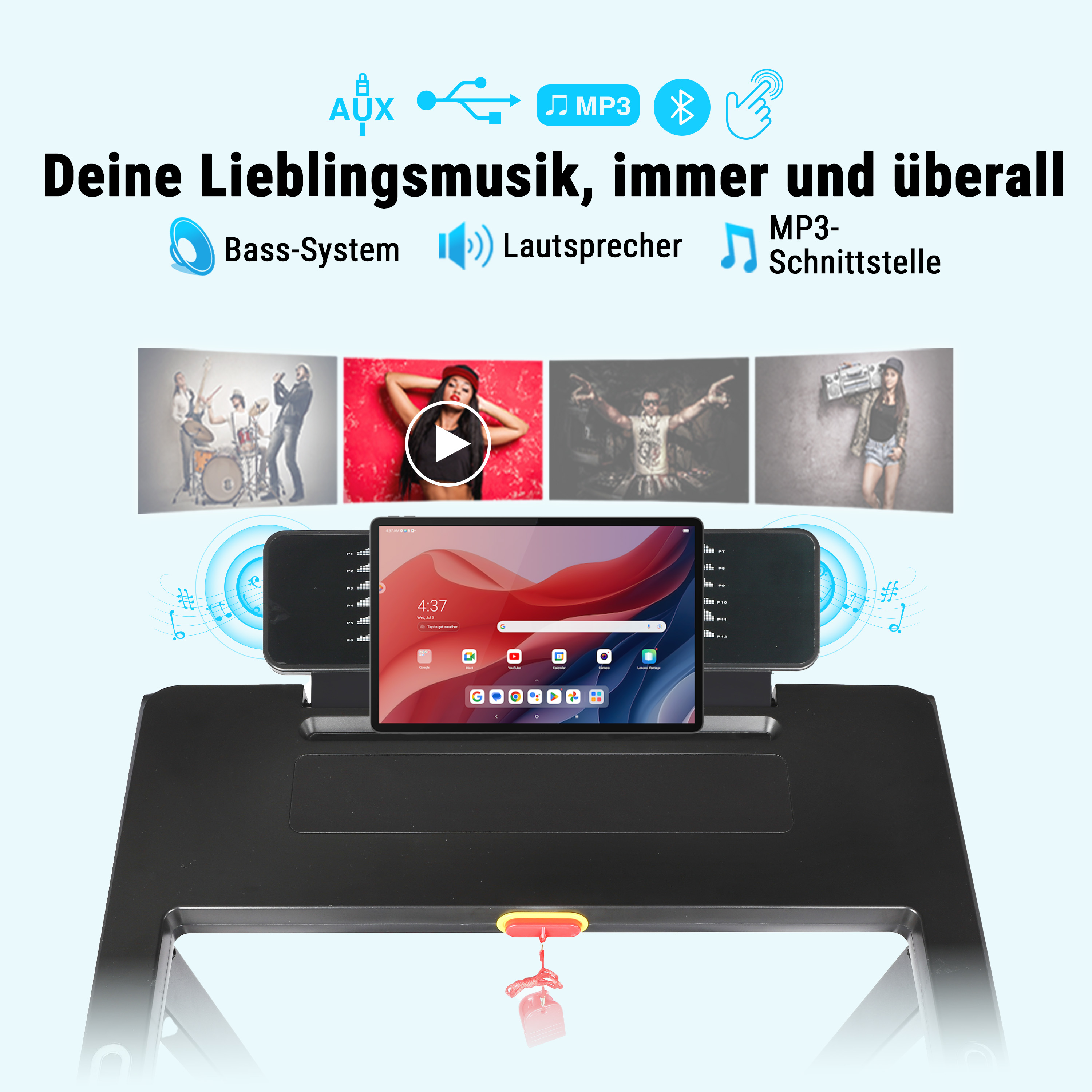 Ein Tablet auf einem Ständer mit Musiksymbolen und Bildern von Musikern.