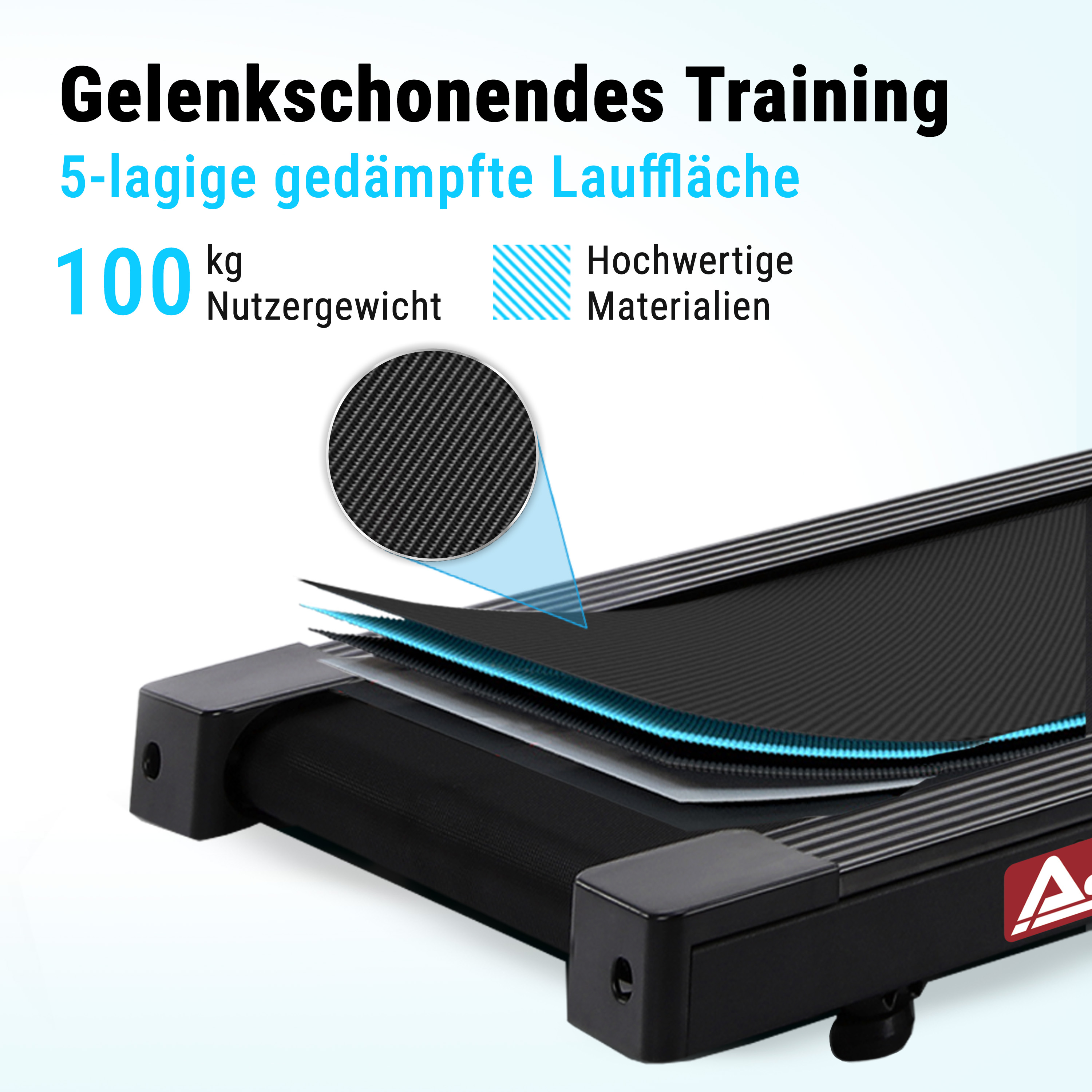 Gelenkschonendes Training: 5-lagige Lauffläche, 100kg Nutzergewicht, hochwertige Materialien.