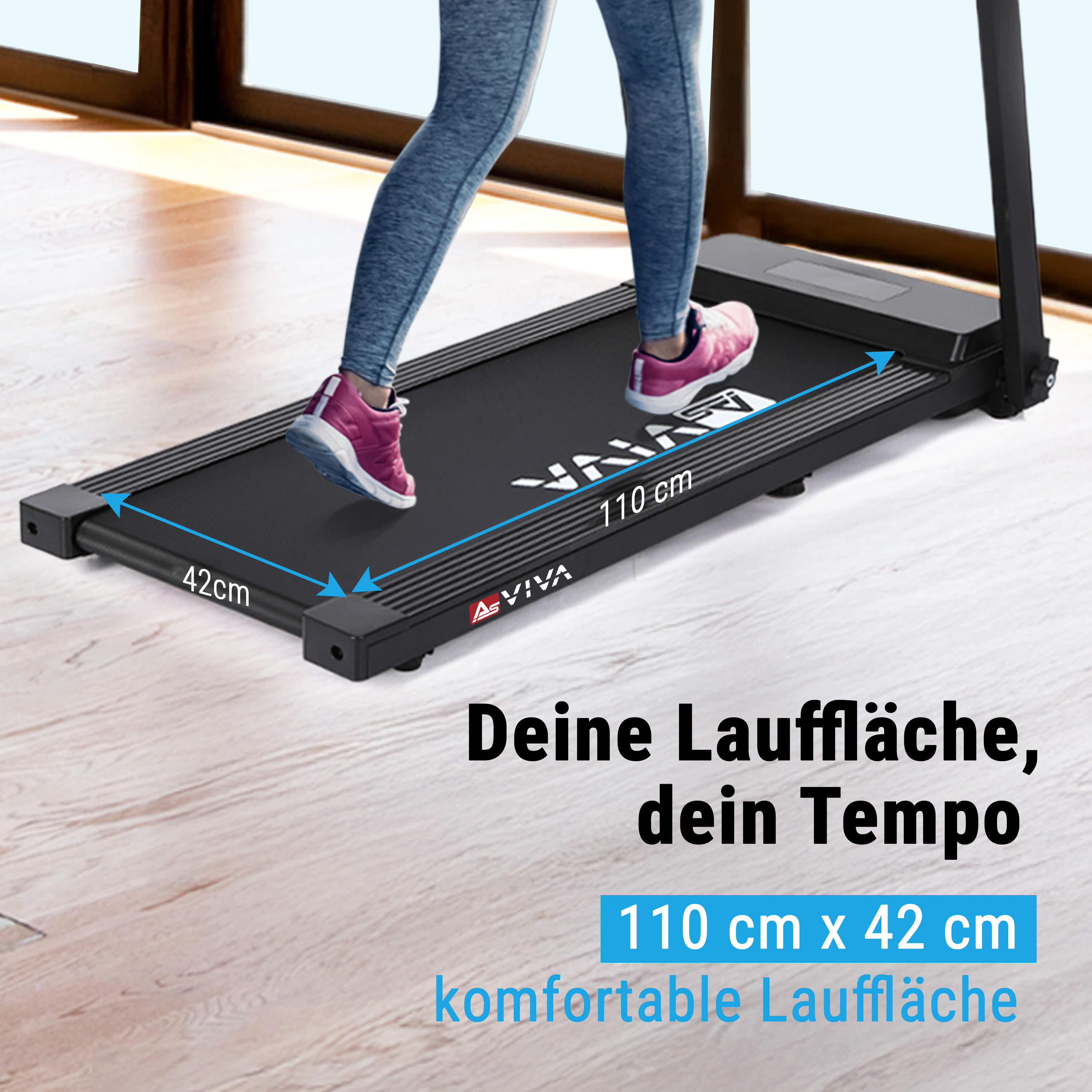 Person läuft auf Laufband, Maße 110x42cm. Text: Deine Lauffläche, dein Tempo.