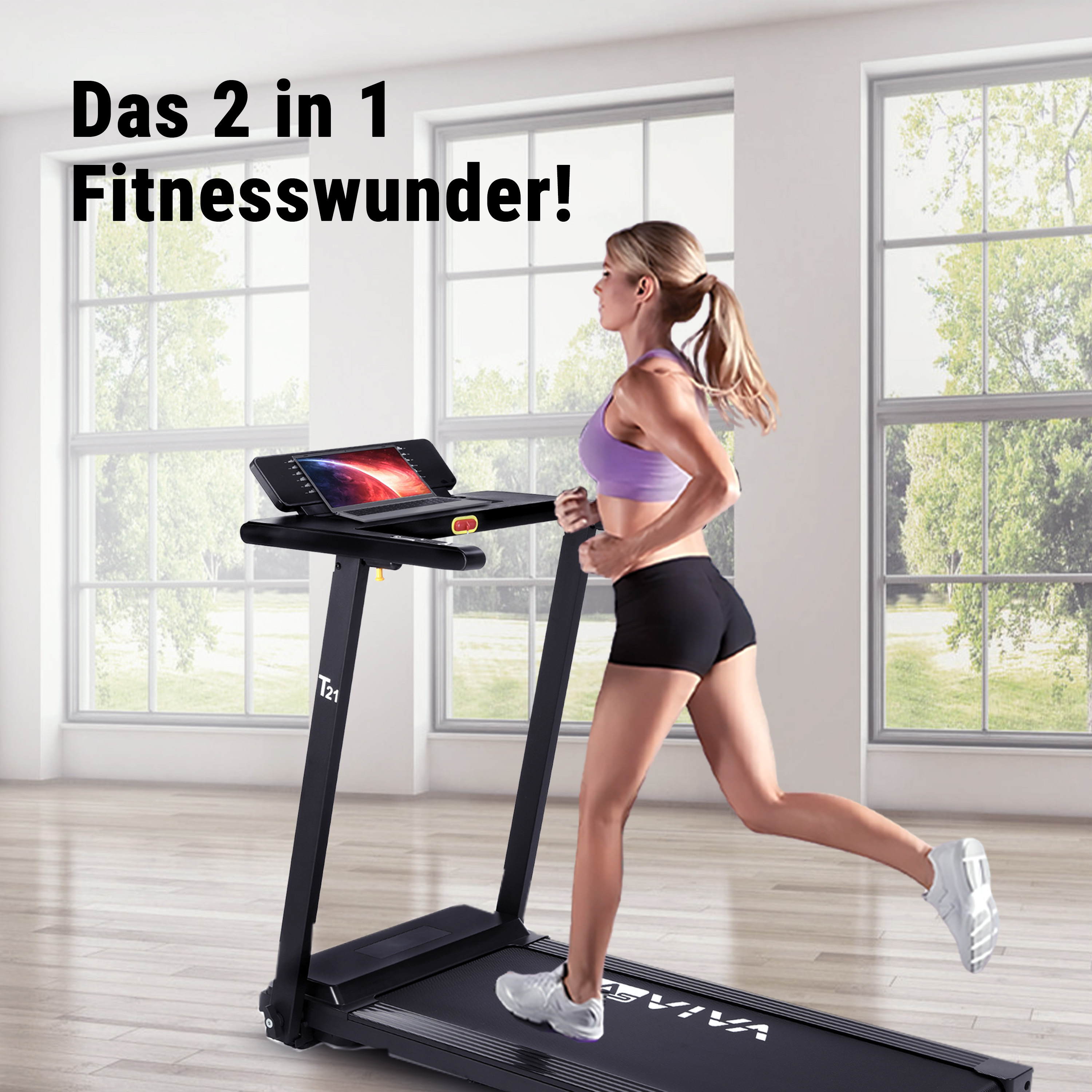 Eine Frau joggt auf einem Laufband mit einem Laptop darauf, vor einem Fenster.