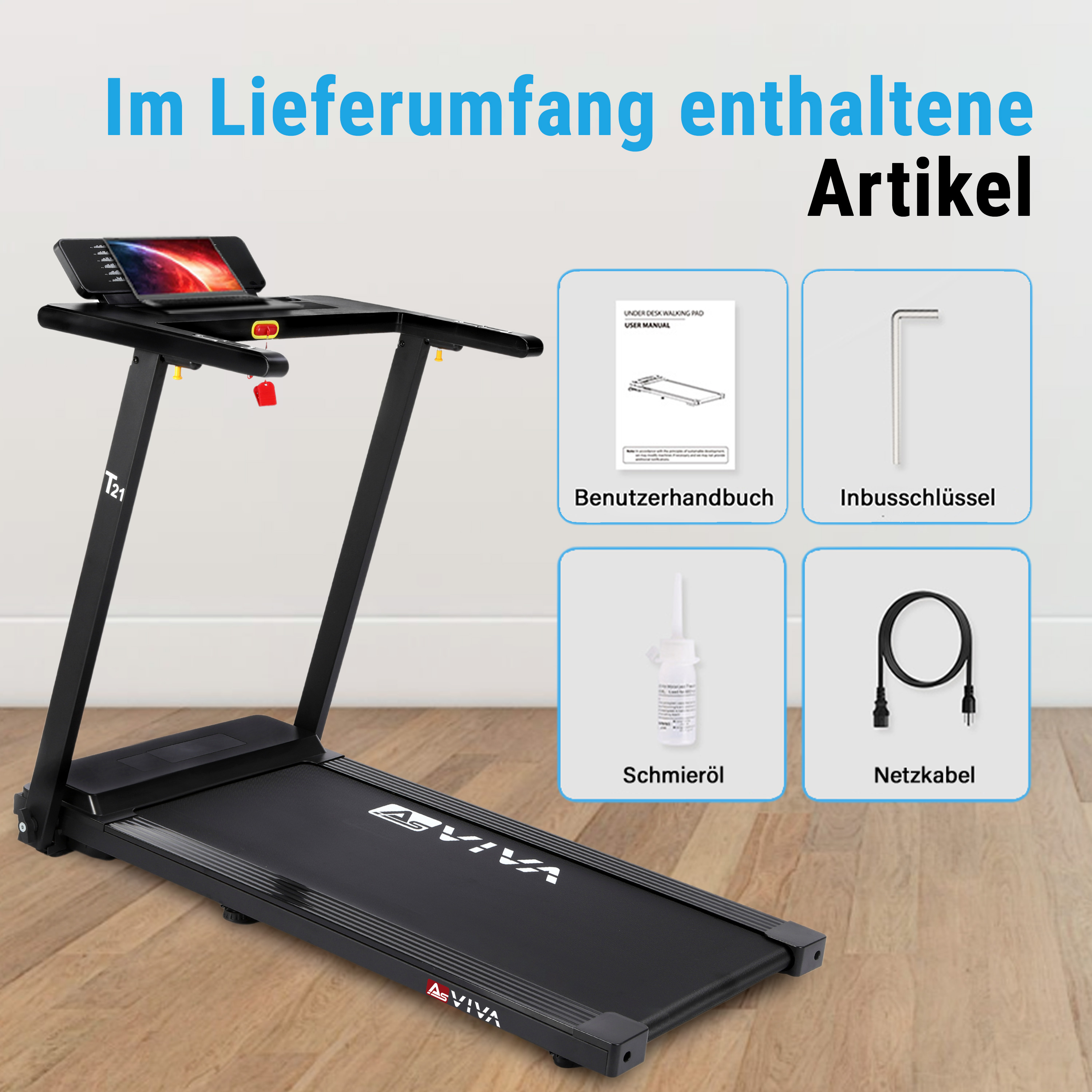 Ein schwarzes Laufband mit Zubehör: Handbuch, Inbusschlüssel, Öl und Kabel.