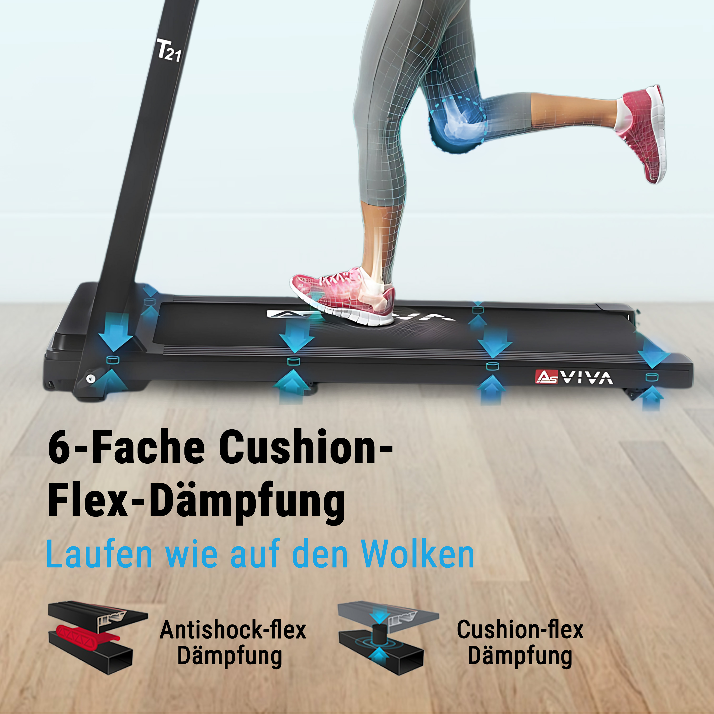 Laufband mit Darstellung der Dämpfung für Gelenke. Text: 6-fache Cushion-Flex-Dämpfung.