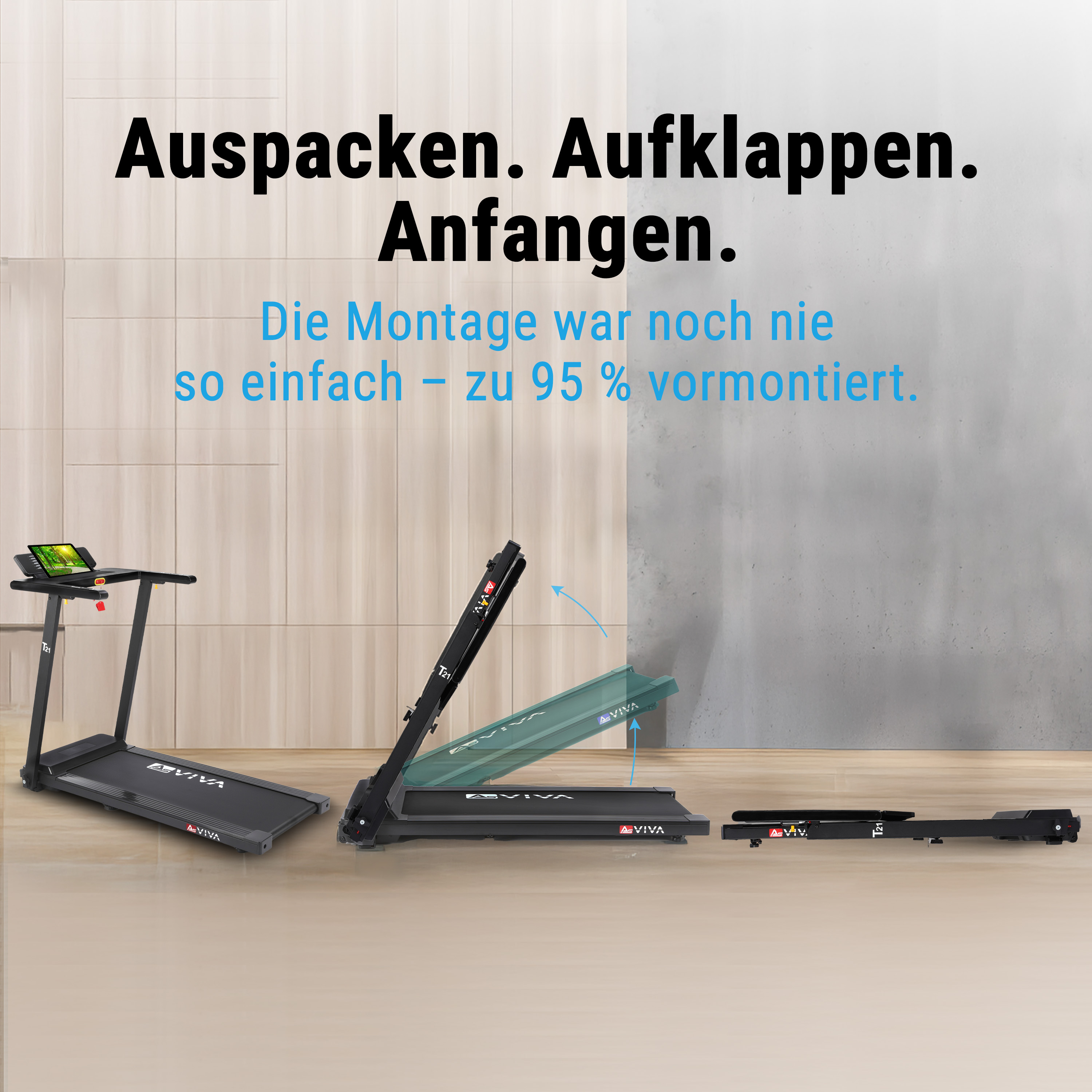 Ein Laufband wird gezeigt. Es ist teilweise aufgeklappt, was die Montage erleichtert.